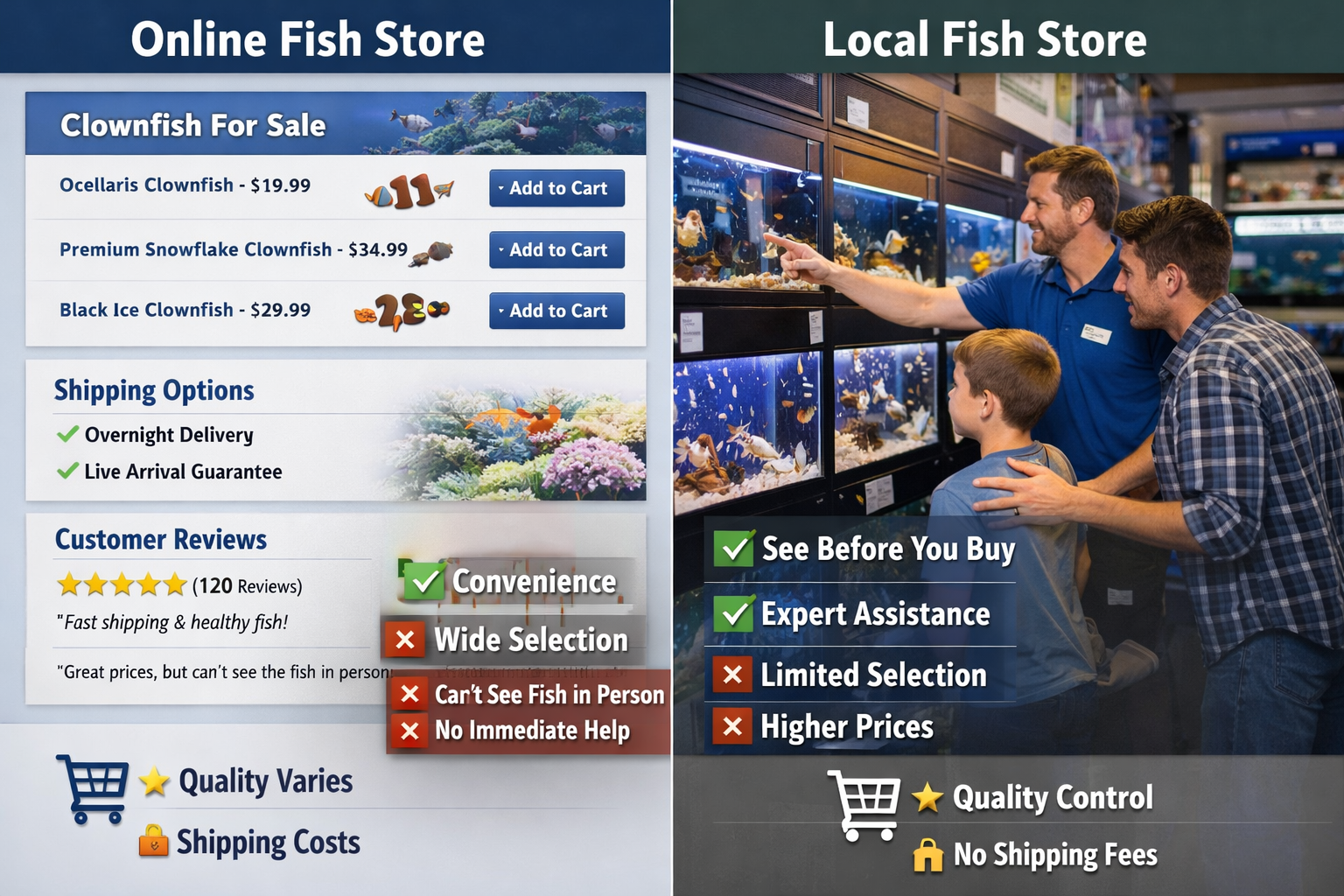 Split-screen comparison showing online saltwater fish store website interface on left with clownfish product listings, shipping options, and