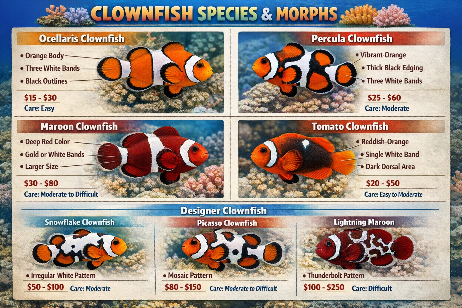 Detailed infographic showing different clownfish species and morphs in grid layout: Ocellaris, Percula, Maroon, Tomato, and designer varieti