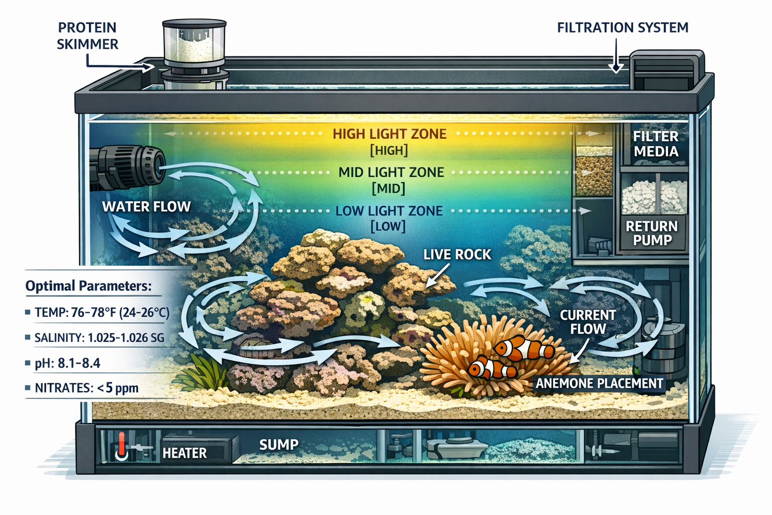 Cross-section view of properly set up saltwater aquarium showing ideal clownfish habitat with labeled components: protein skimmer, live rock
