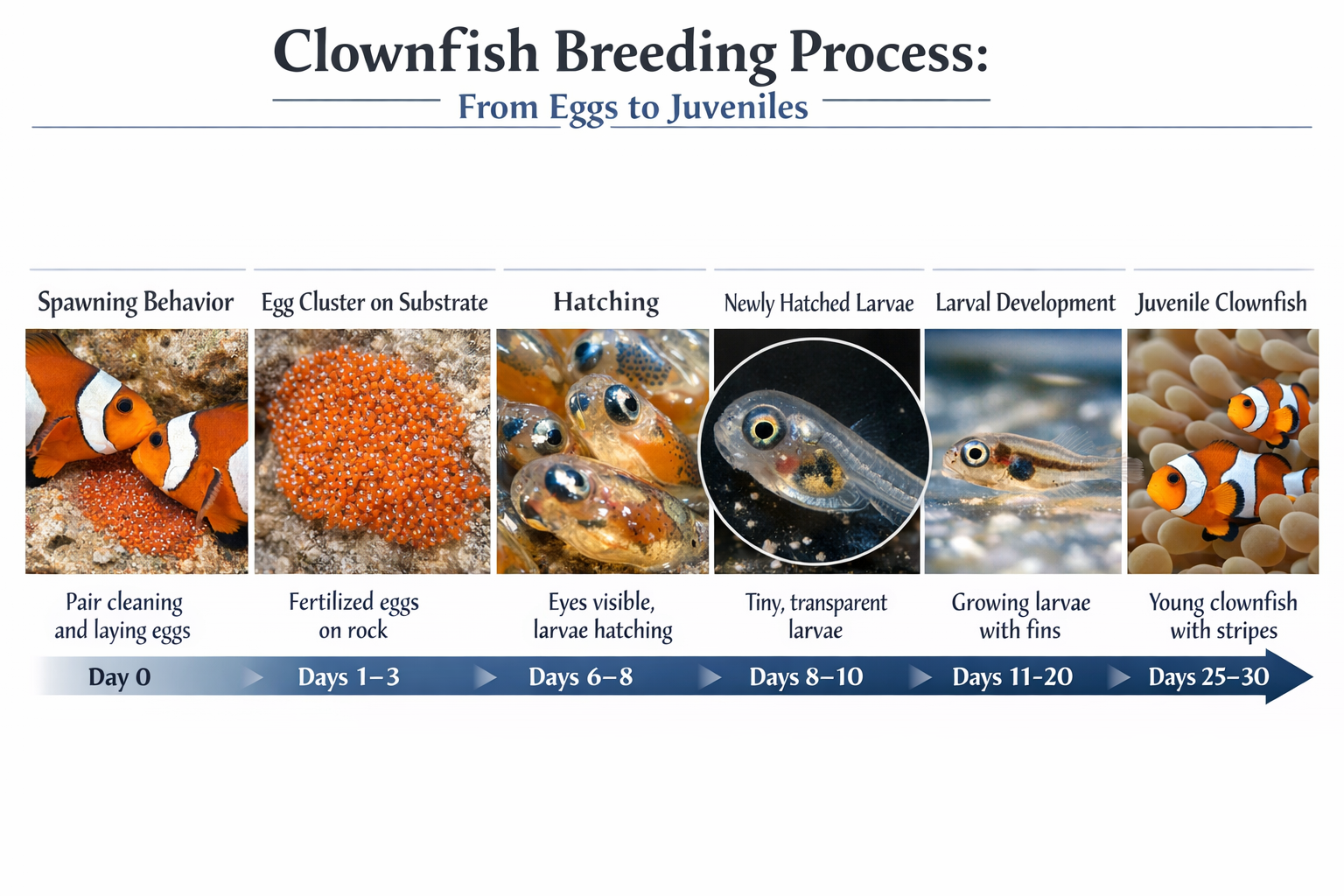 Step-by-step visual guide showing clownfish breeding process from egg laying to fry development. Timeline format with detailed close-up phot