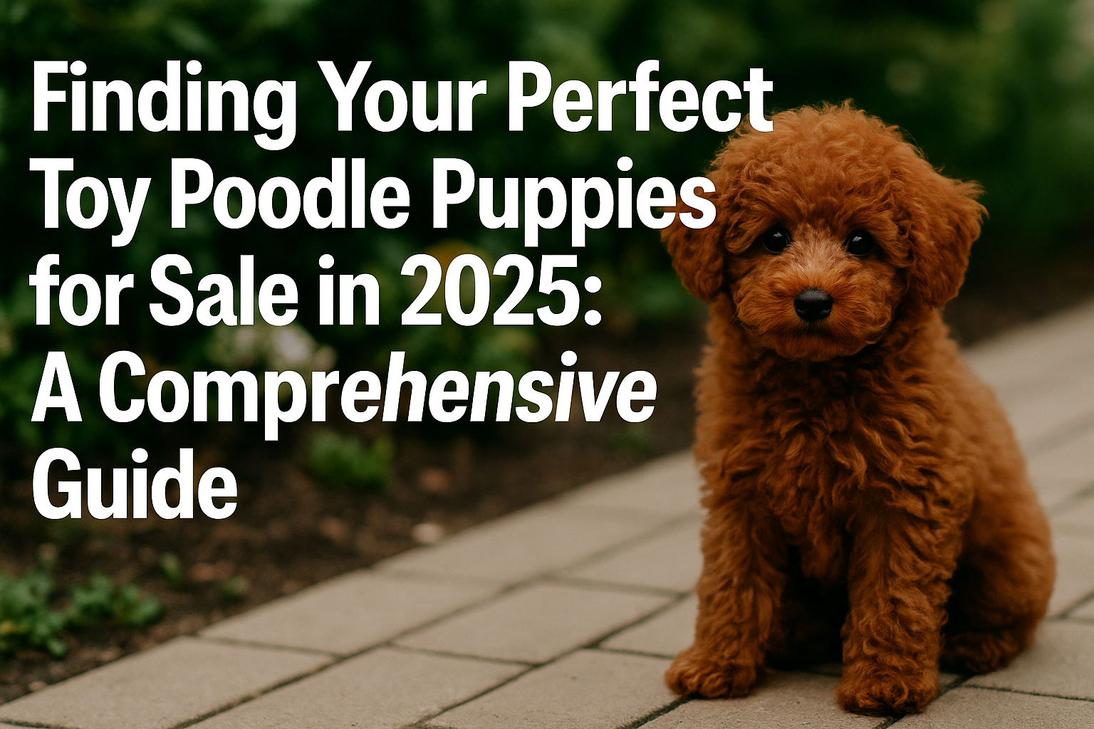 Professional landscape hero image (1536x1024) with bold text overlay: "Finding Your Perfect Toy Poodle Puppies for Sale in 2025: A Comprehen