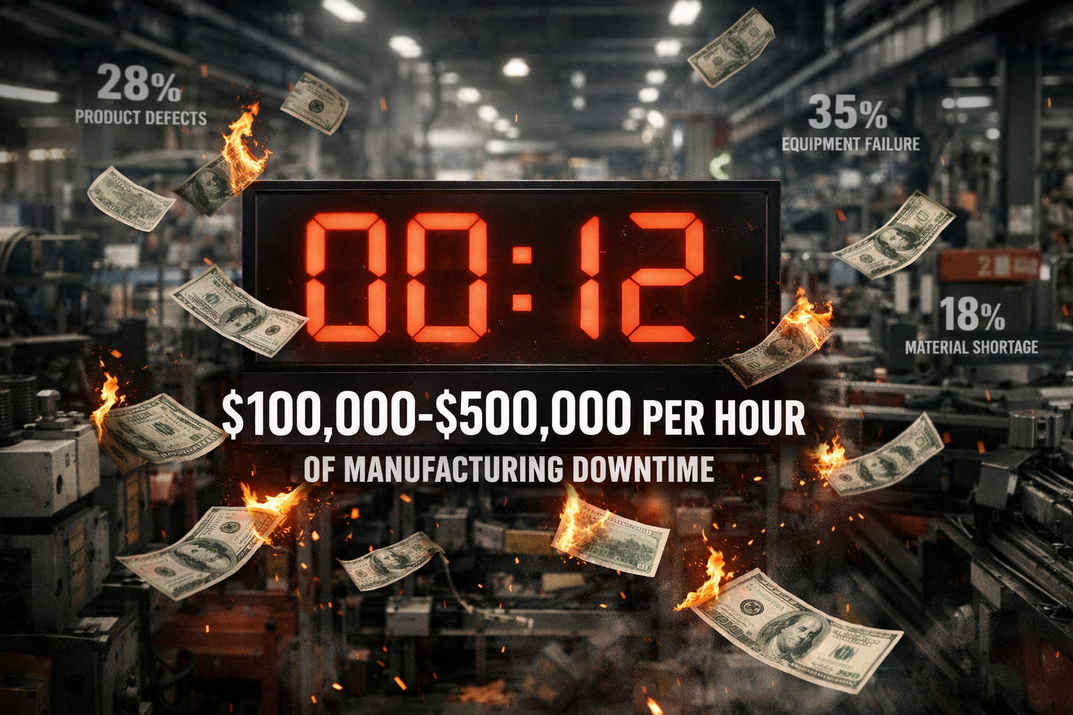 Dramatic infographic visualizing 'Quick Answer' section with large red digital clock overlaid on industrial manufacturing