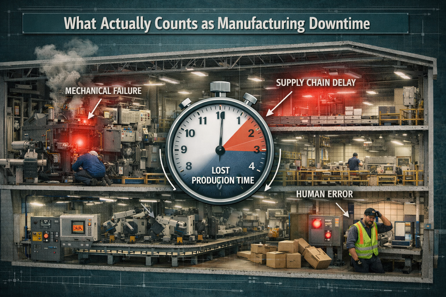 Technical cross-section illustration depicting 'What Actually Counts as Manufacturing Downtime' with transparent factory