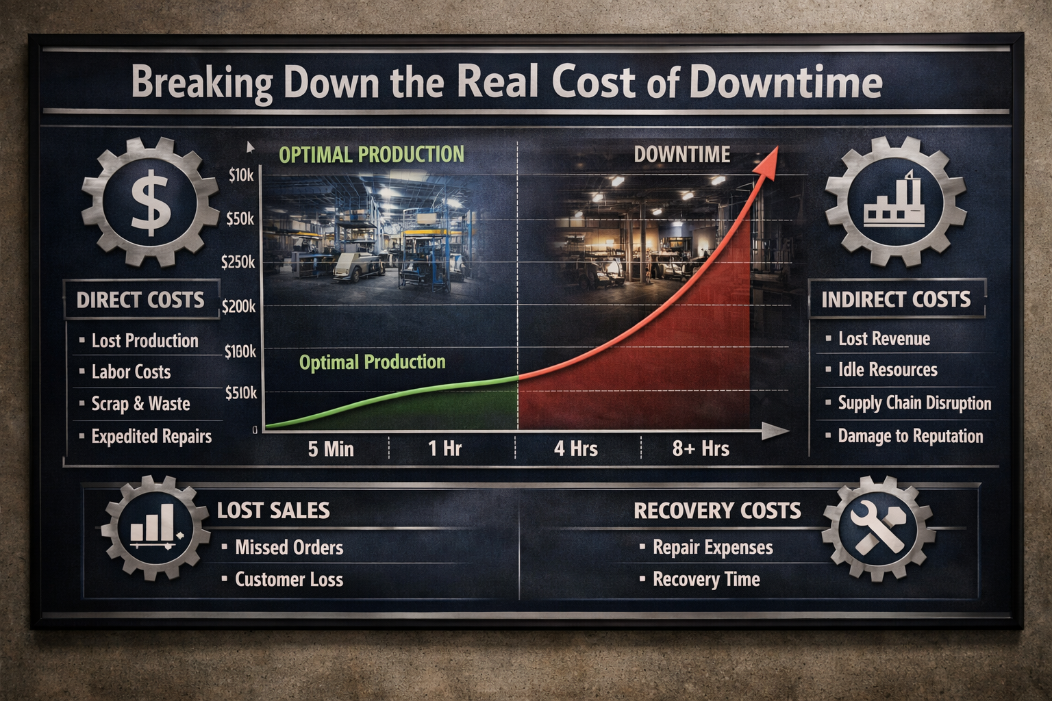 Comprehensive financial impact chart for 'Breaking Down the Real Cost of Downtime' featuring multi-layered cost analysis