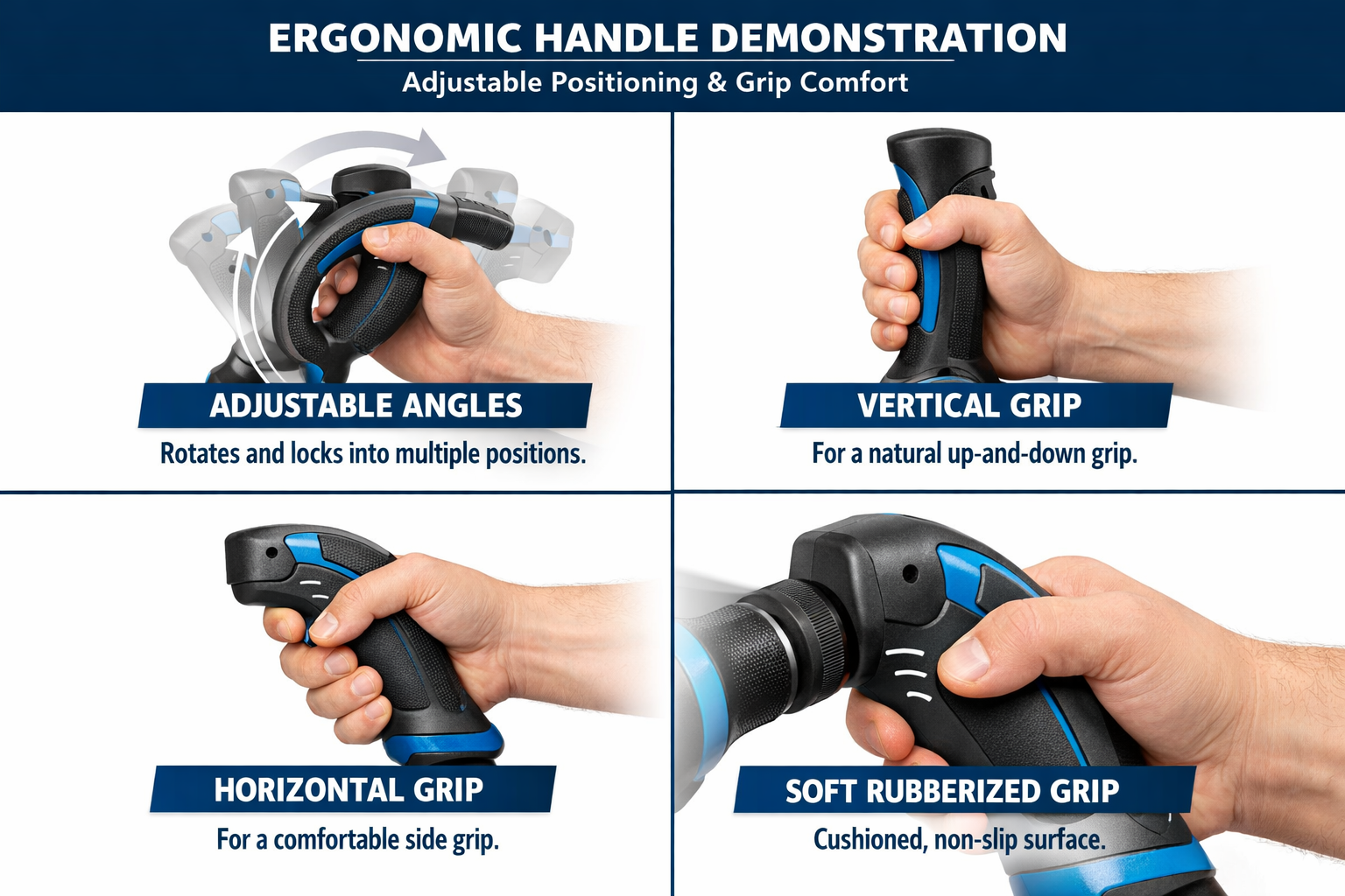 ergonomic handle demonstration showing adjustable positioning and grip comfort