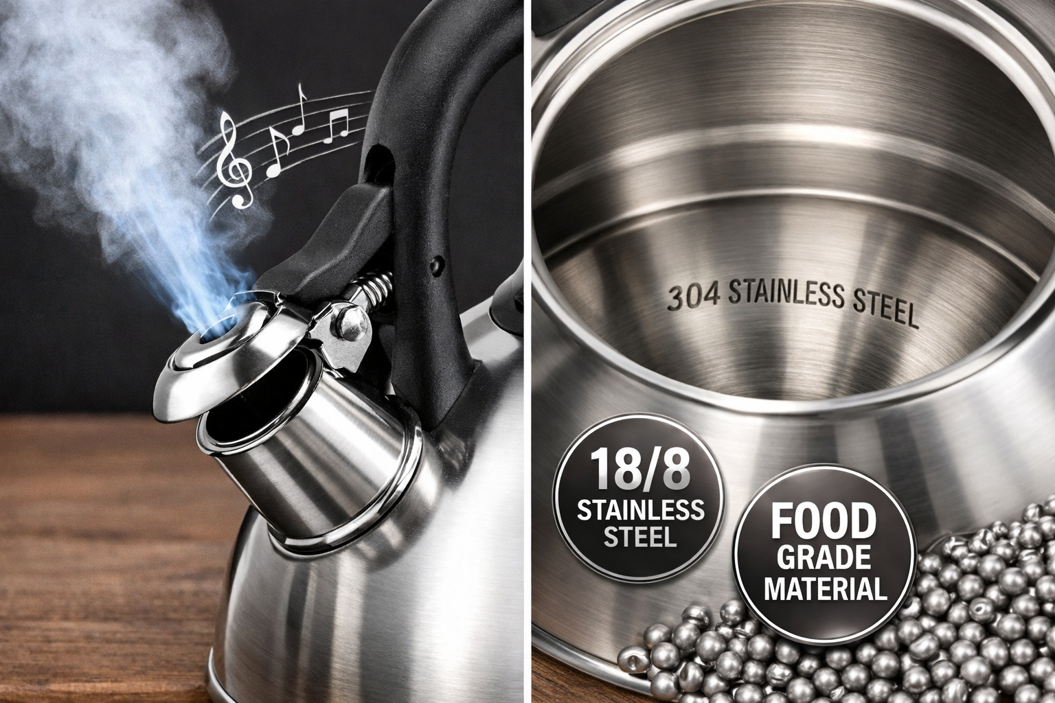 whistling spout mechanism and food-grade stainless steel construction detail