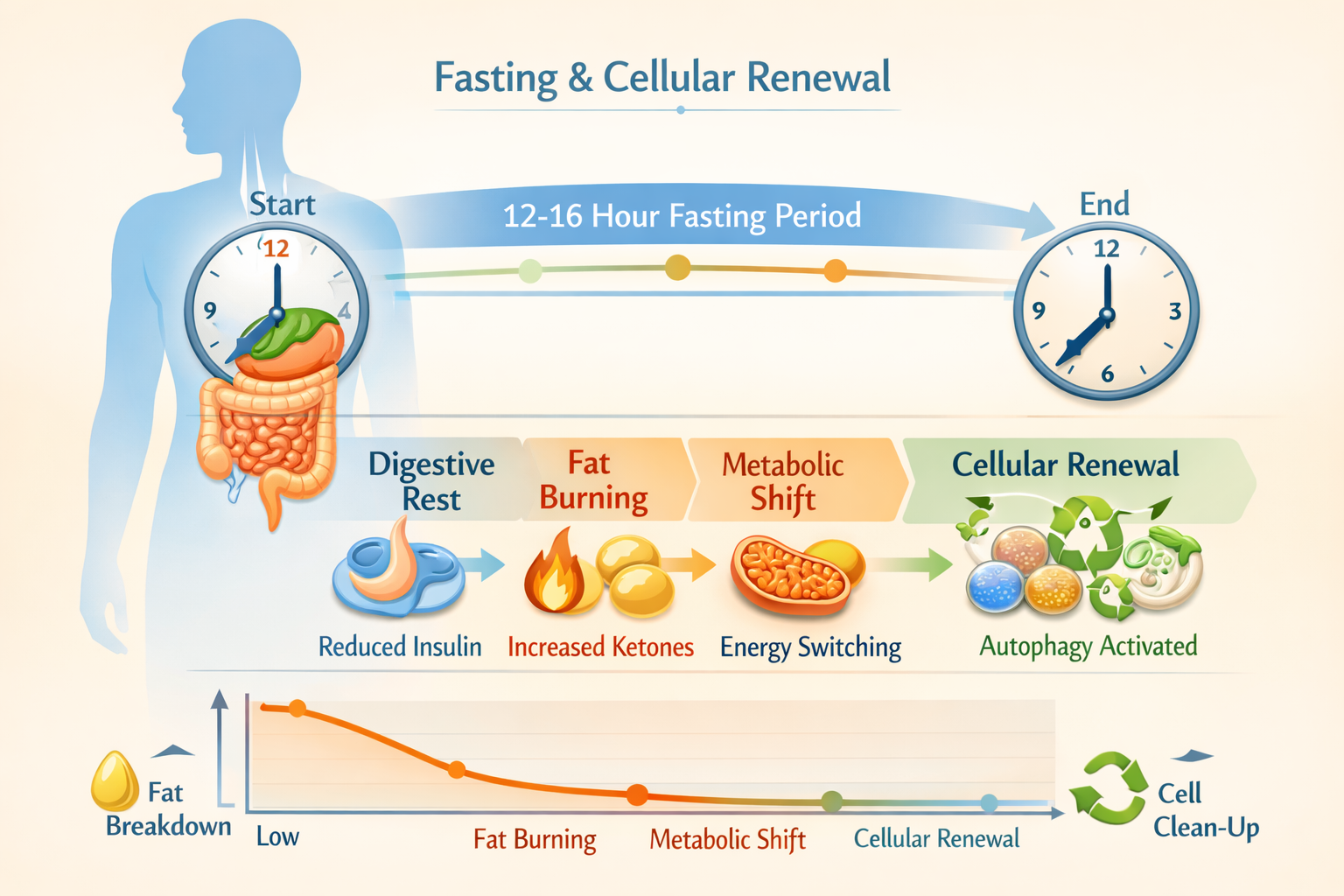 Detailed infographic illustration showing human body silhouette with highlighted digestive system, liver, and cellular autophagy process dur