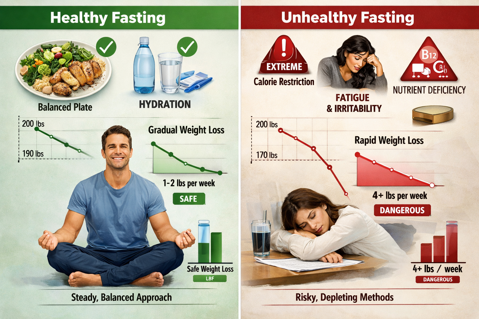 Split-screen comparison visual showing two scenarios: left side depicts healthy fasting approach with balanced meals, hydration, gradual wei