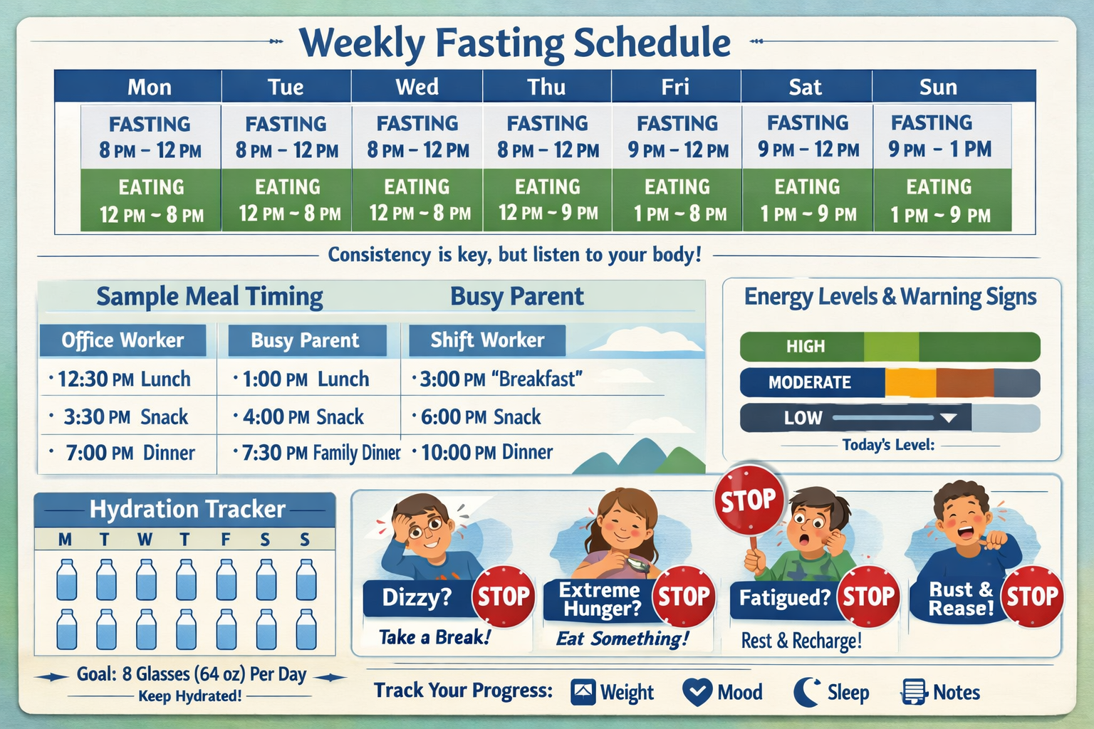 Practical visual guide showing weekly fasting schedule template with color-coded eating and fasting windows, example meal timing for differe