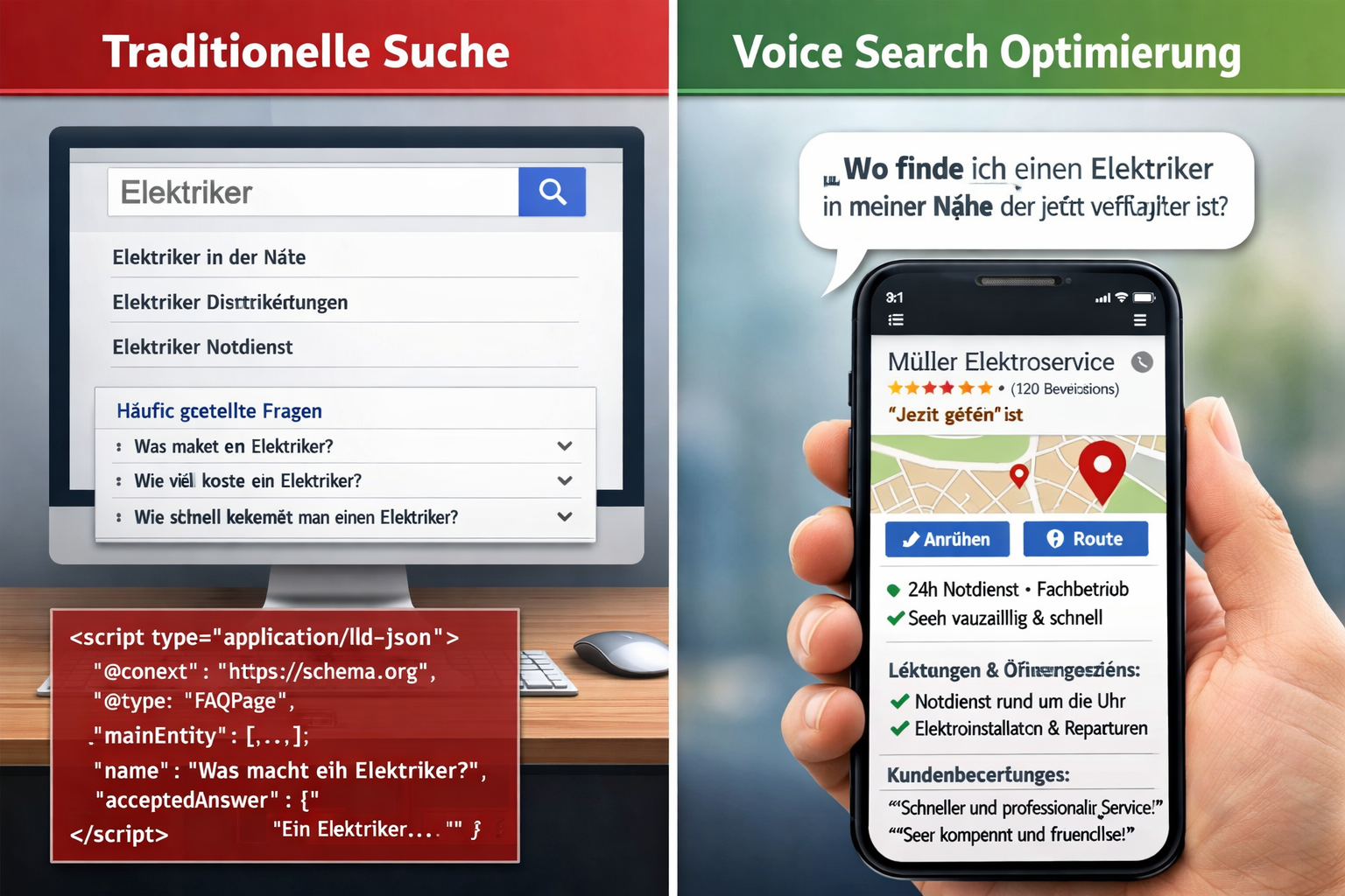Detailed () split-screen comparison visual showing 'Traditionelle Suche vs. Voice Search Optimierung'. Left side: desktop
