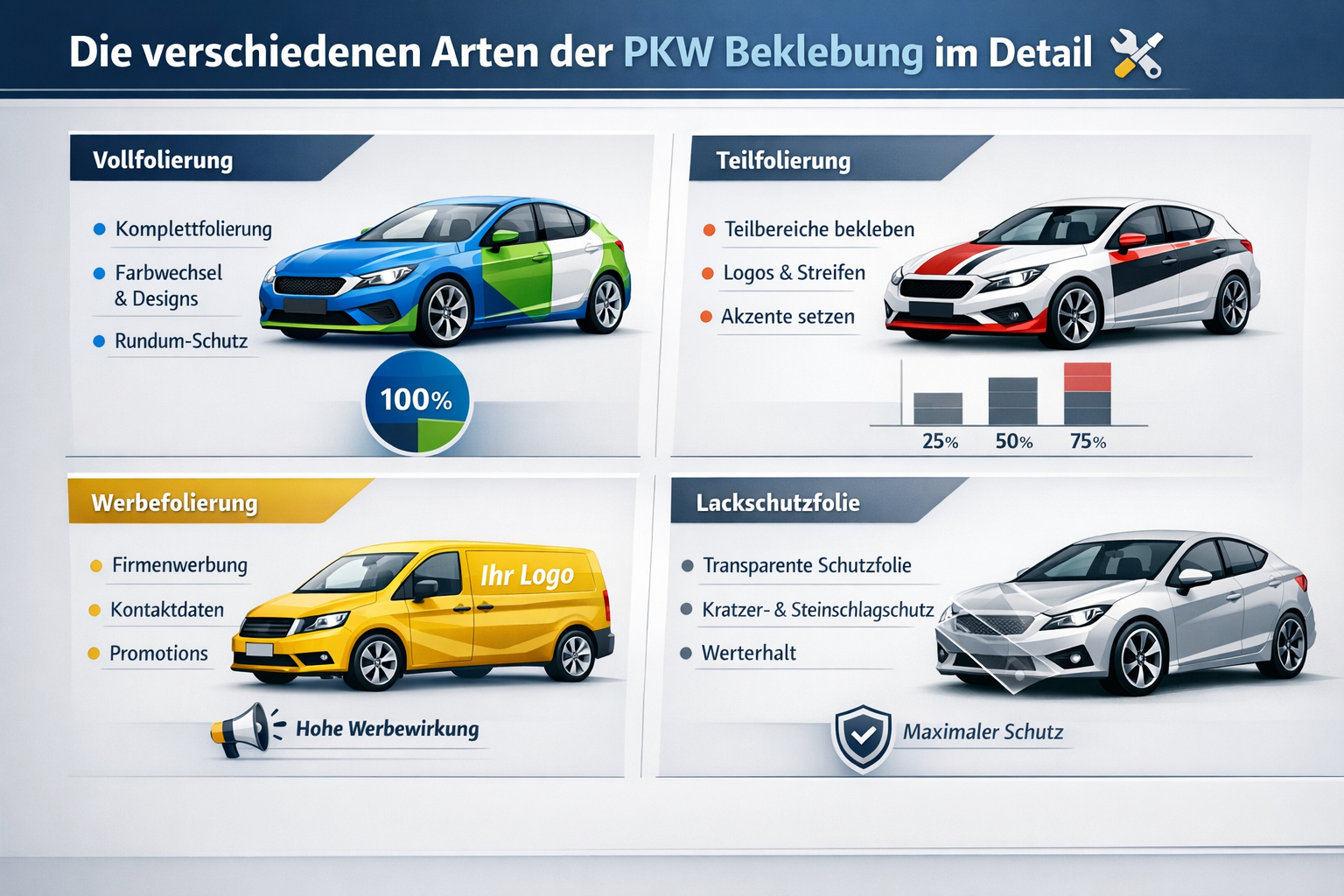 Professional infographic for article "PKW Beklebung: Der ultimative Guide für Fahrzeugfolierung 2026 🚗", section: "Die verschiedenen Arten 