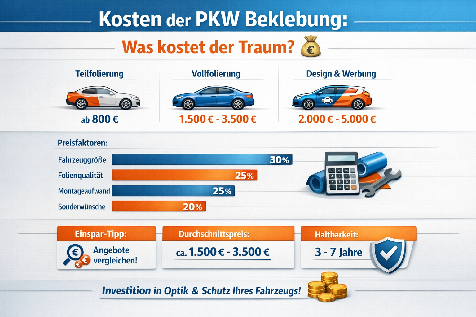 Professional infographic for article "PKW Beklebung: Der ultimative Guide für Fahrzeugfolierung 2026 🚗", section: "Kosten der PKW Beklebung