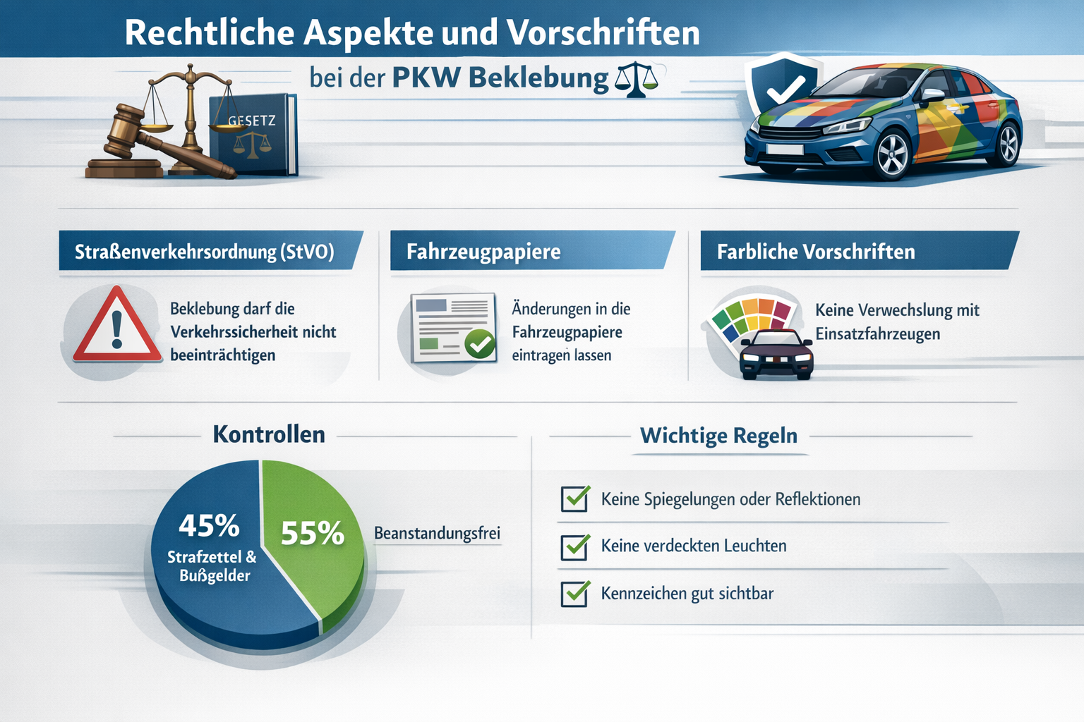 Professional infographic for article "PKW Beklebung: Der ultimative Guide für Fahrzeugfolierung 2026 🚗", section: "Rechtliche Aspekte und V