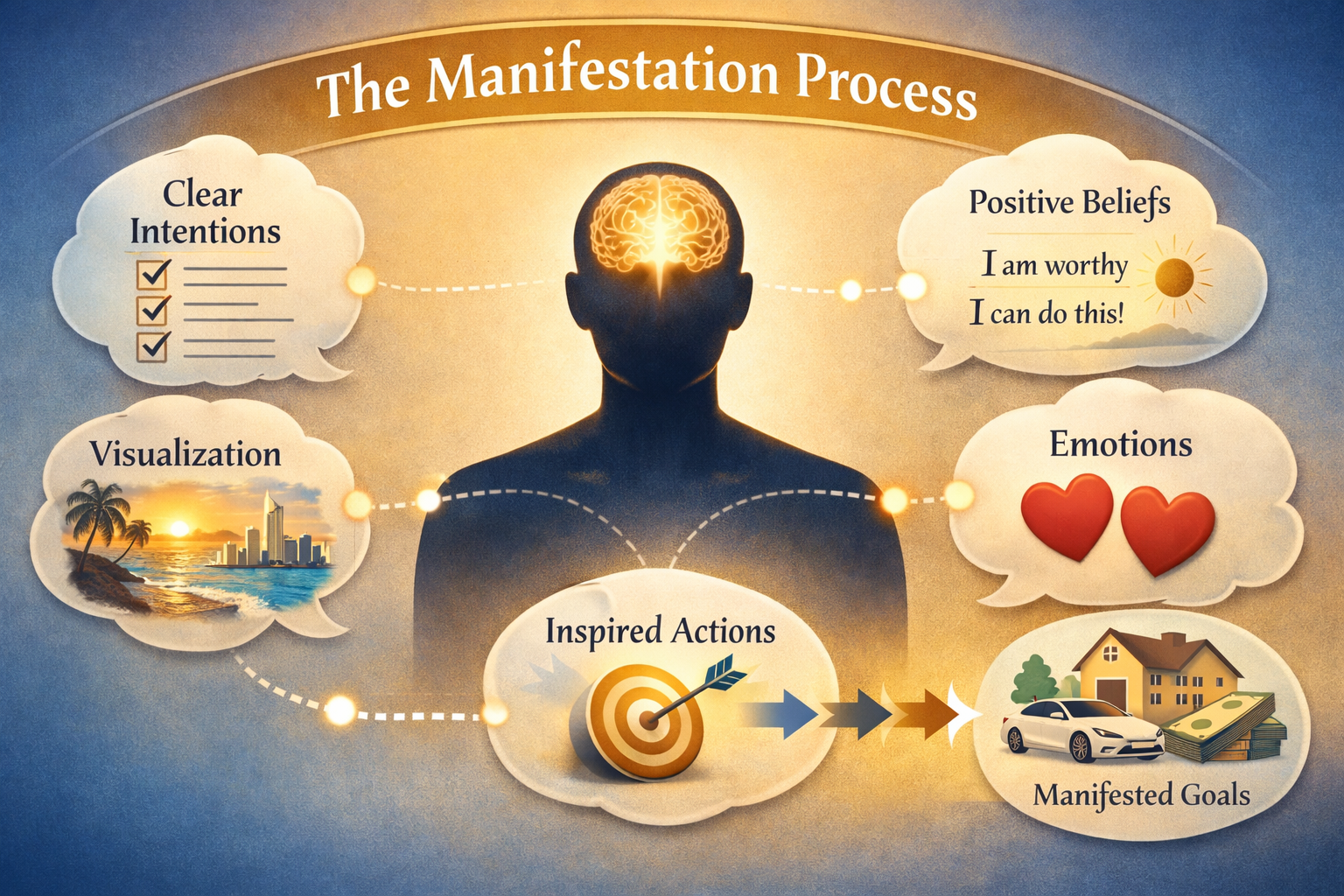 Landscape format (1536x1024) conceptual illustration showing the manifestation process as a flowing diagram. Central human silhouette with g