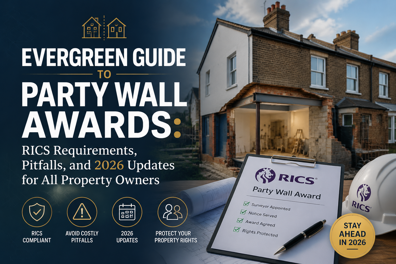 Professional landscape hero image () with : "Evergreen Guide to Party Wall Awards: RICS Requirements, Pitfalls, and 2026