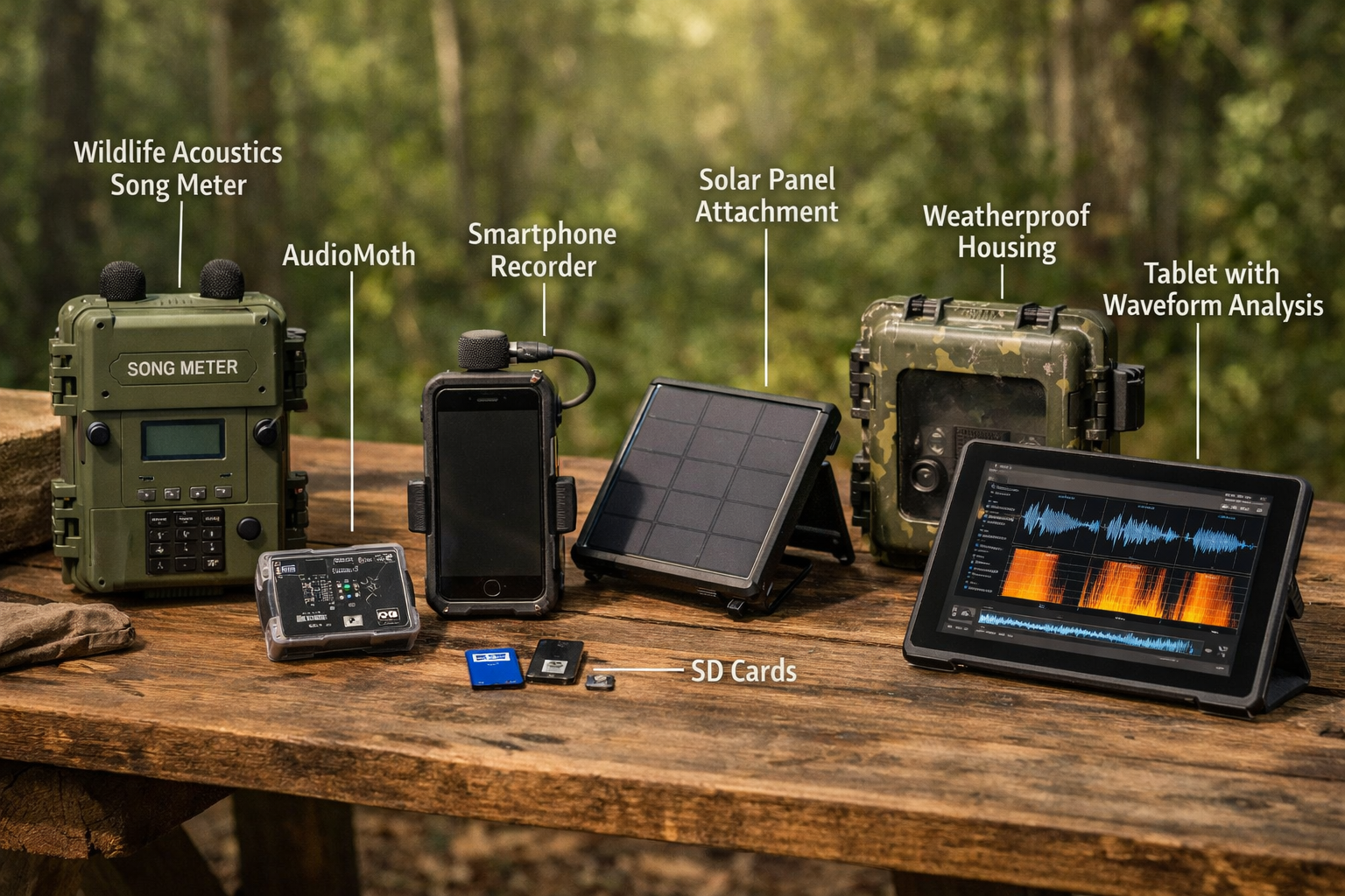 () detailed illustration showing collection of modern autonomous recording units (ARUs) arranged on wooden table in field