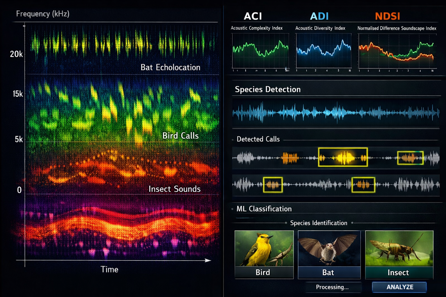 () split-screen technical visualization showing acoustic monitoring workflow. Left side displays colorful spectrogram with