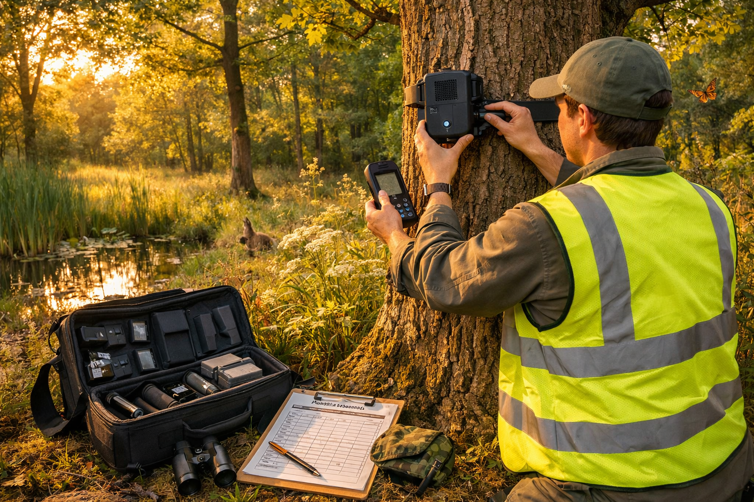 () field deployment scene showing ecology surveyor in high-visibility vest installing weatherproof acoustic recorder on