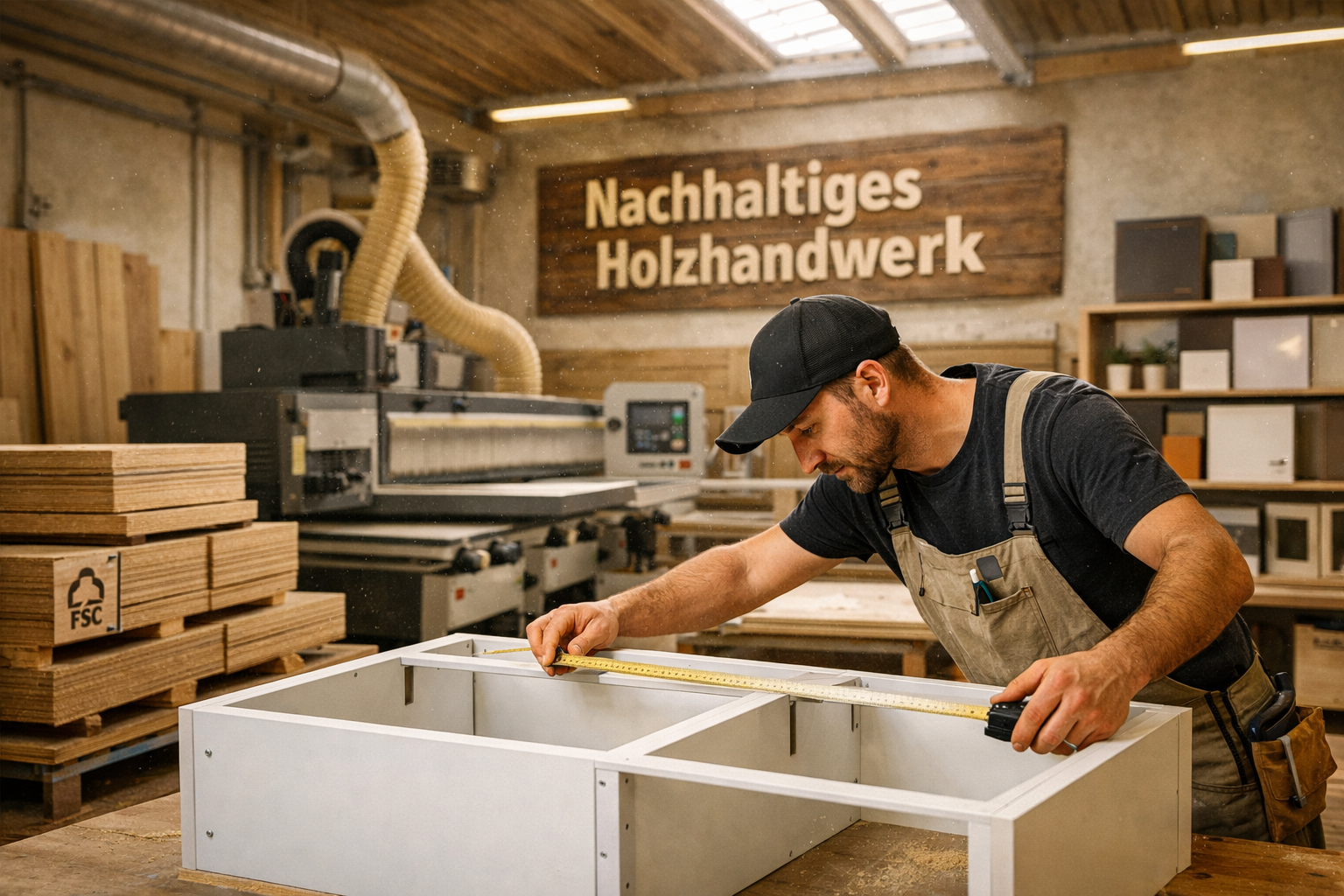 Nachhaltige Tischlerarbeit in einer modernen deutschen Werkstatt