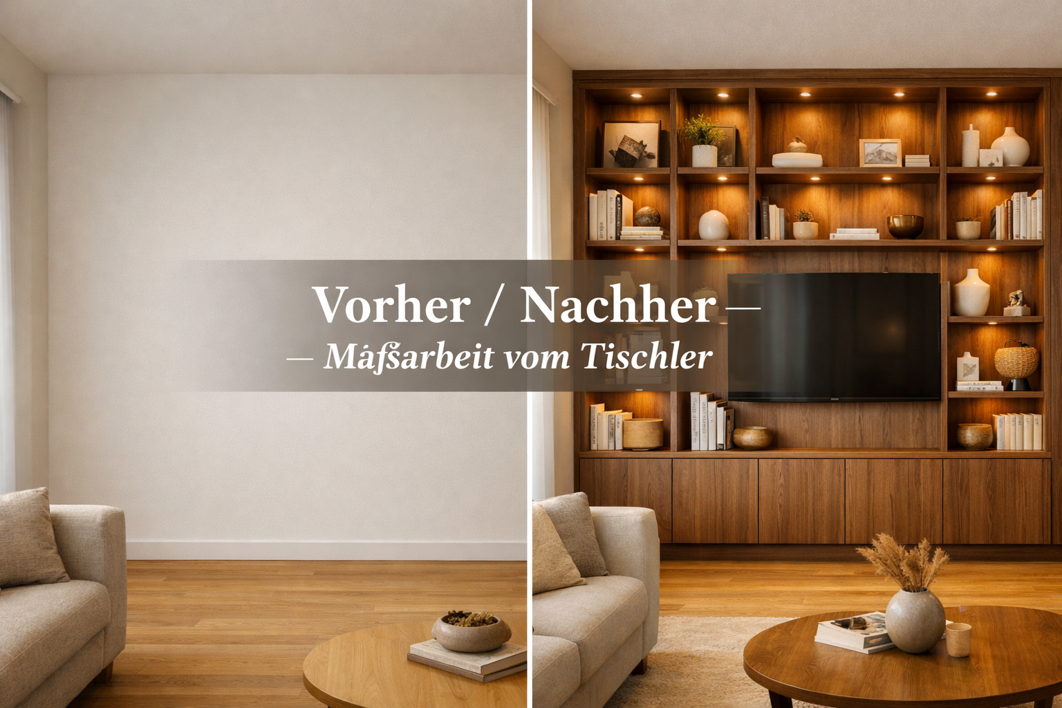 Vorher-Nachher Einbauregal aus Walnussholz