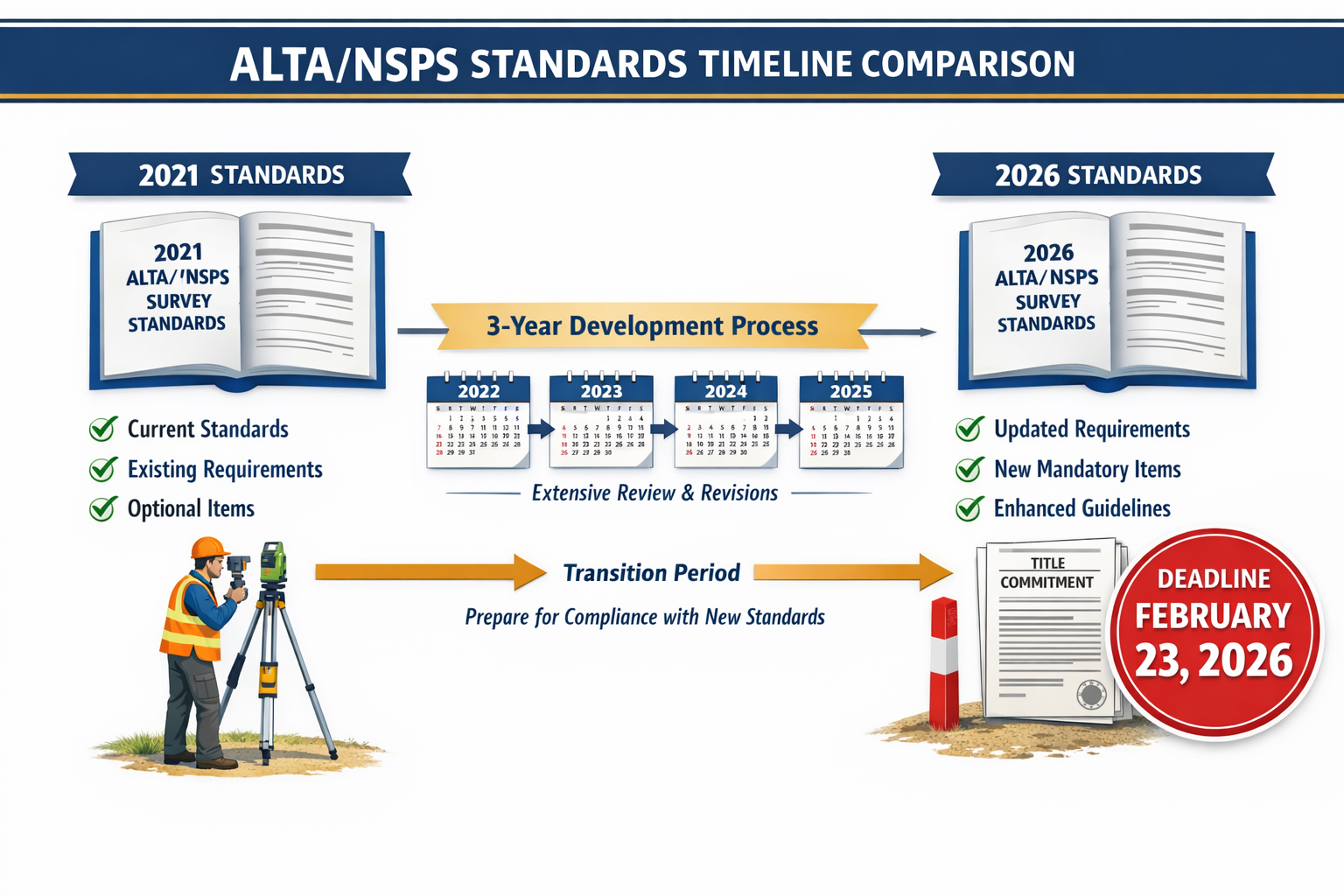 Landscape format (1536x1024) detailed infographic showing timeline comparison between 2021 and 2026 ALTA/NSPS standards with February 23, 20