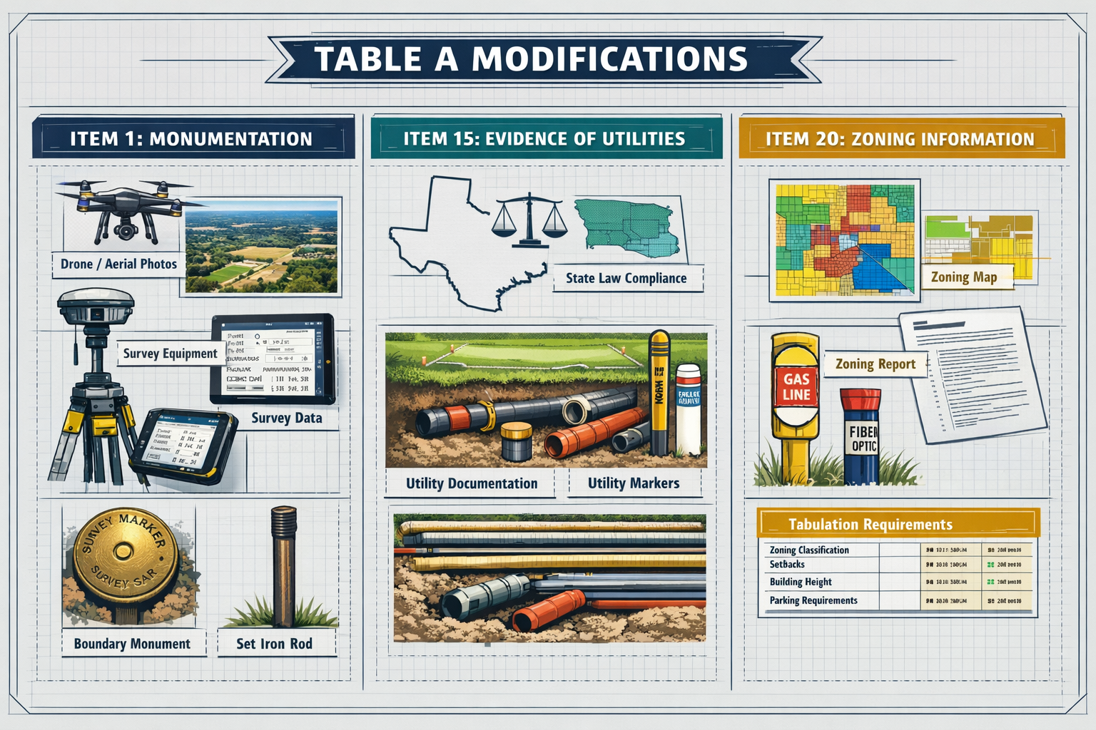 Landscape format (1536x1024) comprehensive visual breakdown of Table A modifications showing three distinct sections for Items 1, 15, and 20