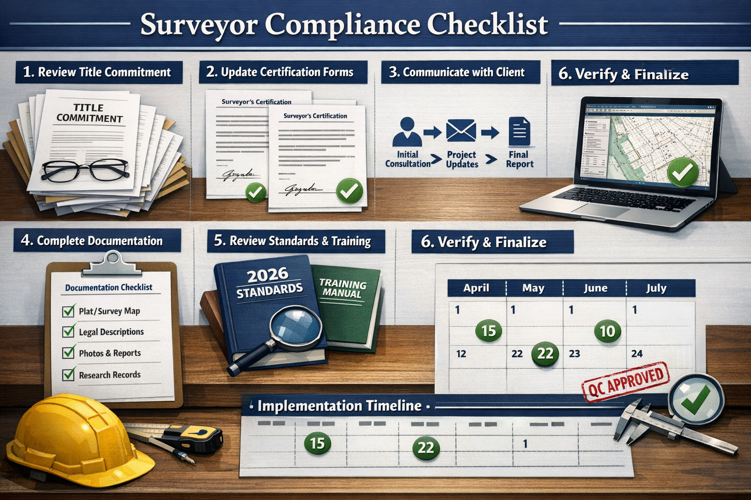Landscape format (1536x1024) detailed compliance checklist visualization for surveyors showing step-by-step preparation guide. Elements incl