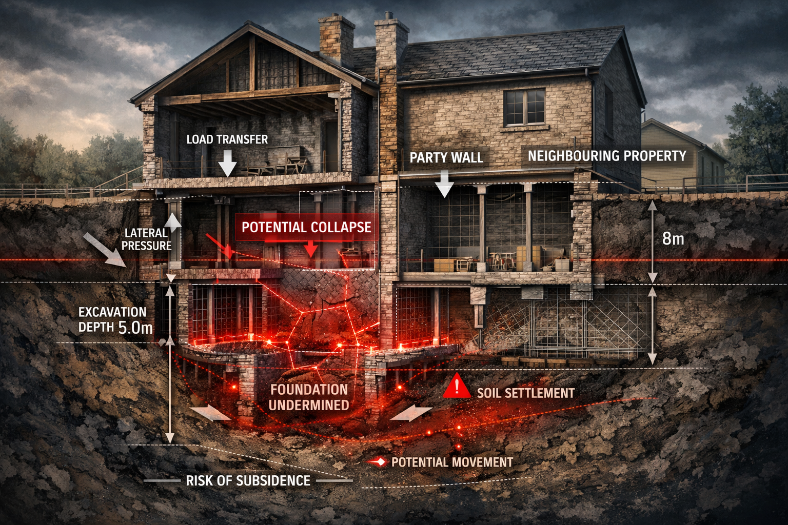 Dramatic architectural visualization illustrating high-risk basement conversion scenario under Party Wall Act. Cutaway
