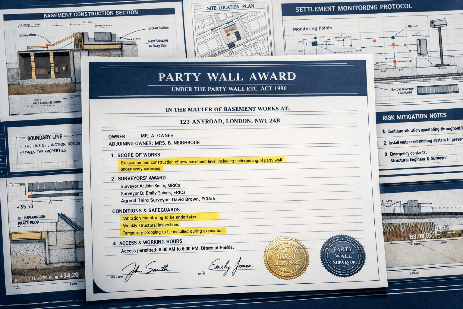 Detailed technical illustration of Party Wall Award documentation for basement work, featuring an expansive, meticulously
