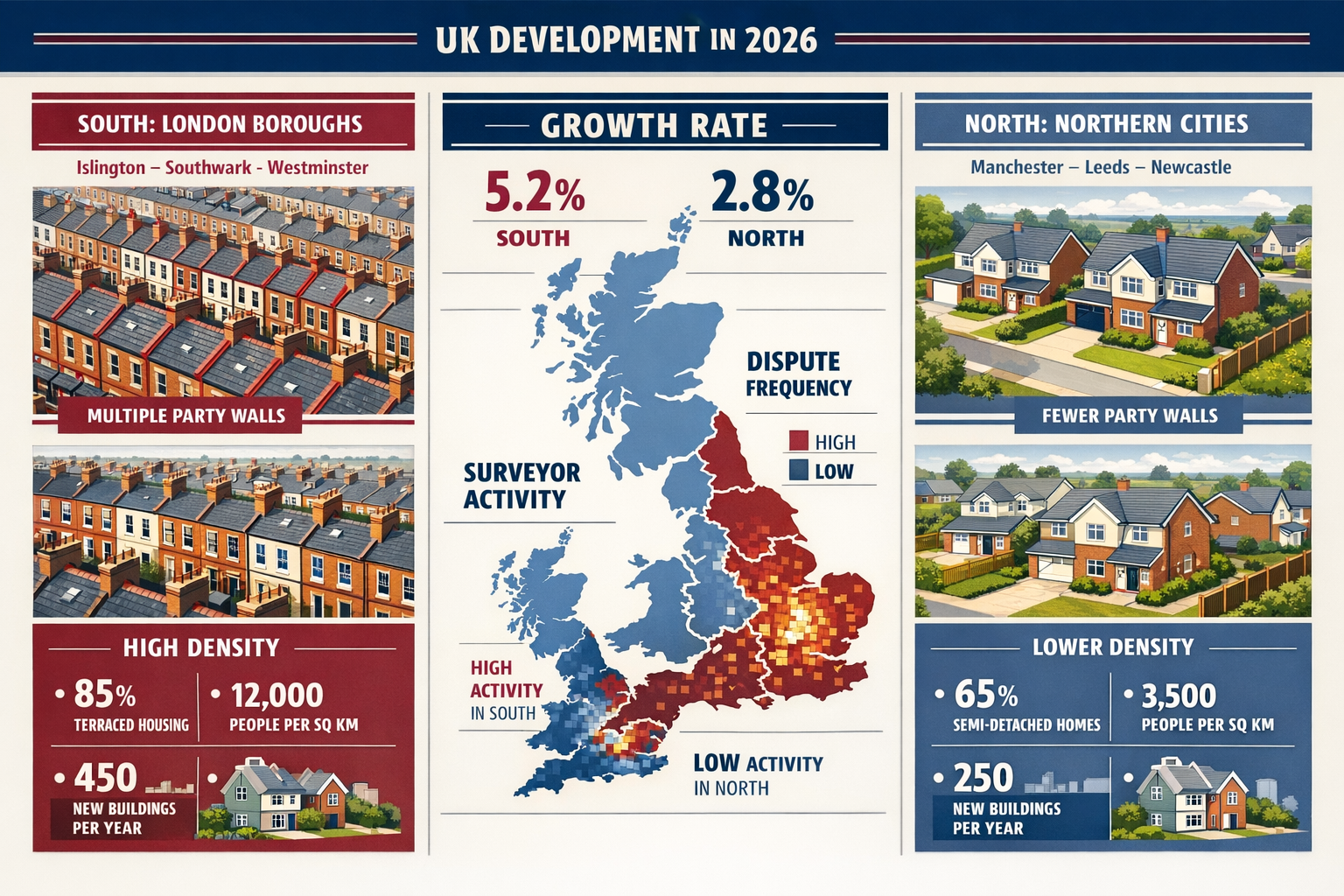 Detailed () infographic showing UK map with England and Wales highlighted, contrasting development patterns between North
