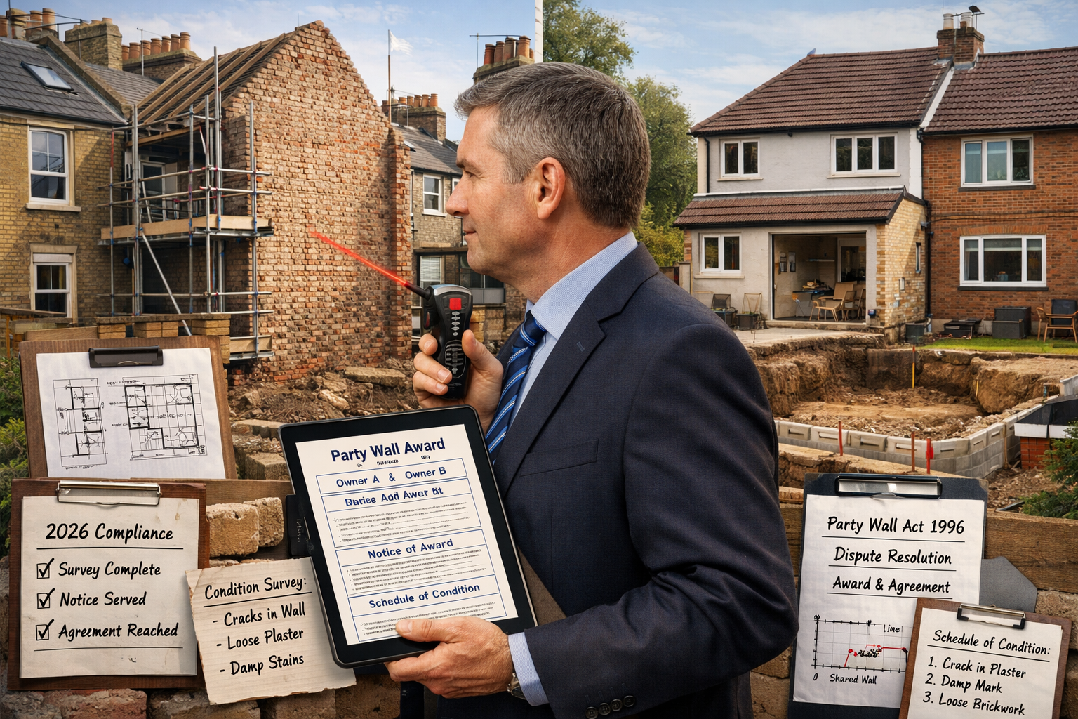 Detailed () professional surveyor conducting party wall inspection at contrasting property types. Foreground shows