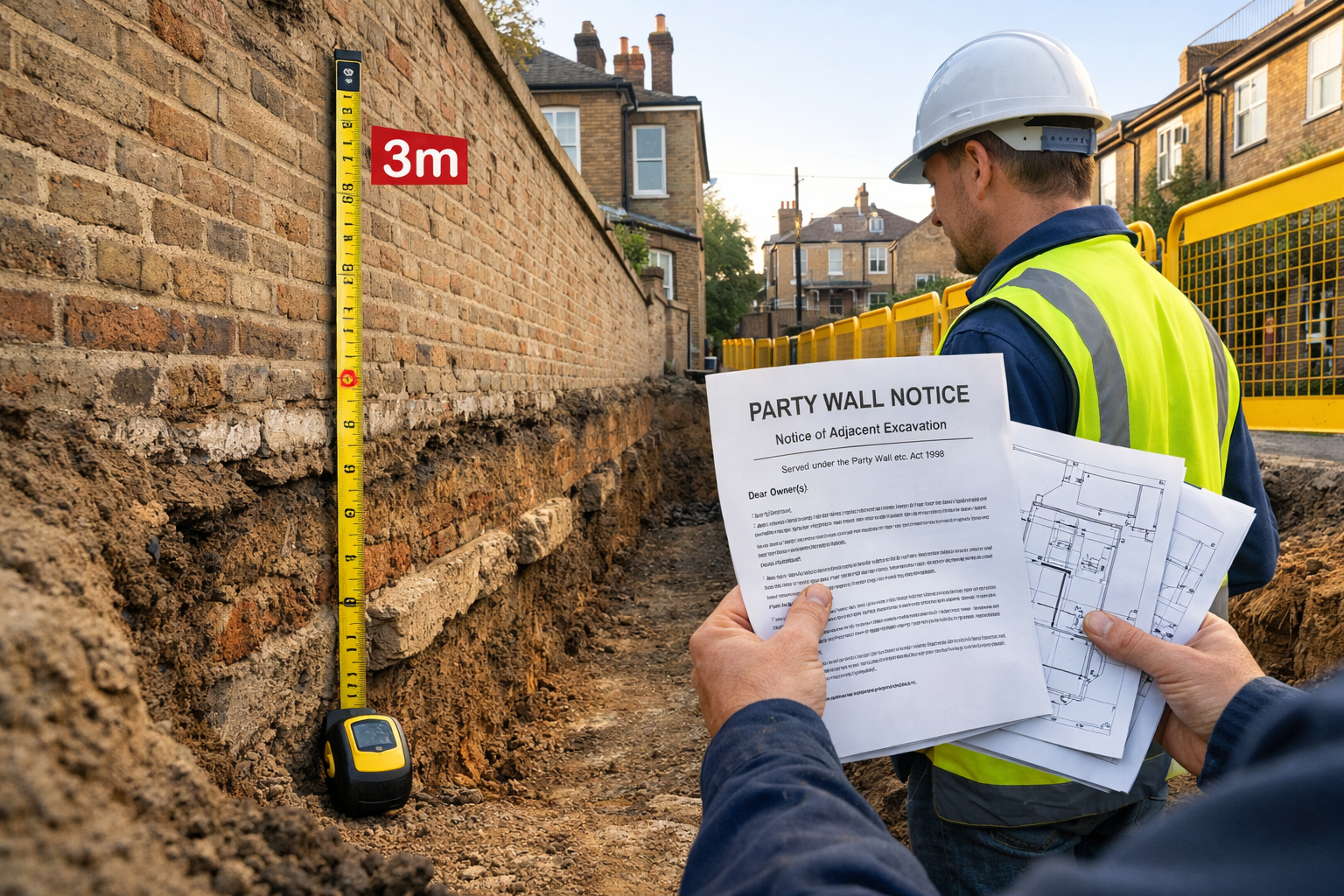 Wide-angle ground-level photograph of a deep excavation trench running parallel to a brick boundary wall of a Victorian