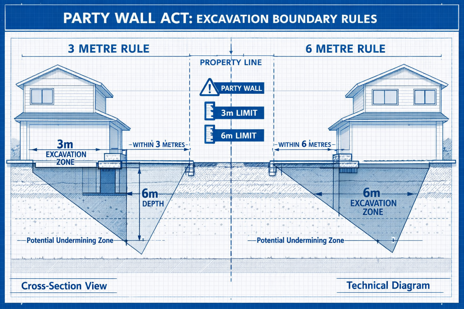 Architectural infographic illustrating the 3-metre and 6-metre excavation boundary rules under Party Wall Act, featuring