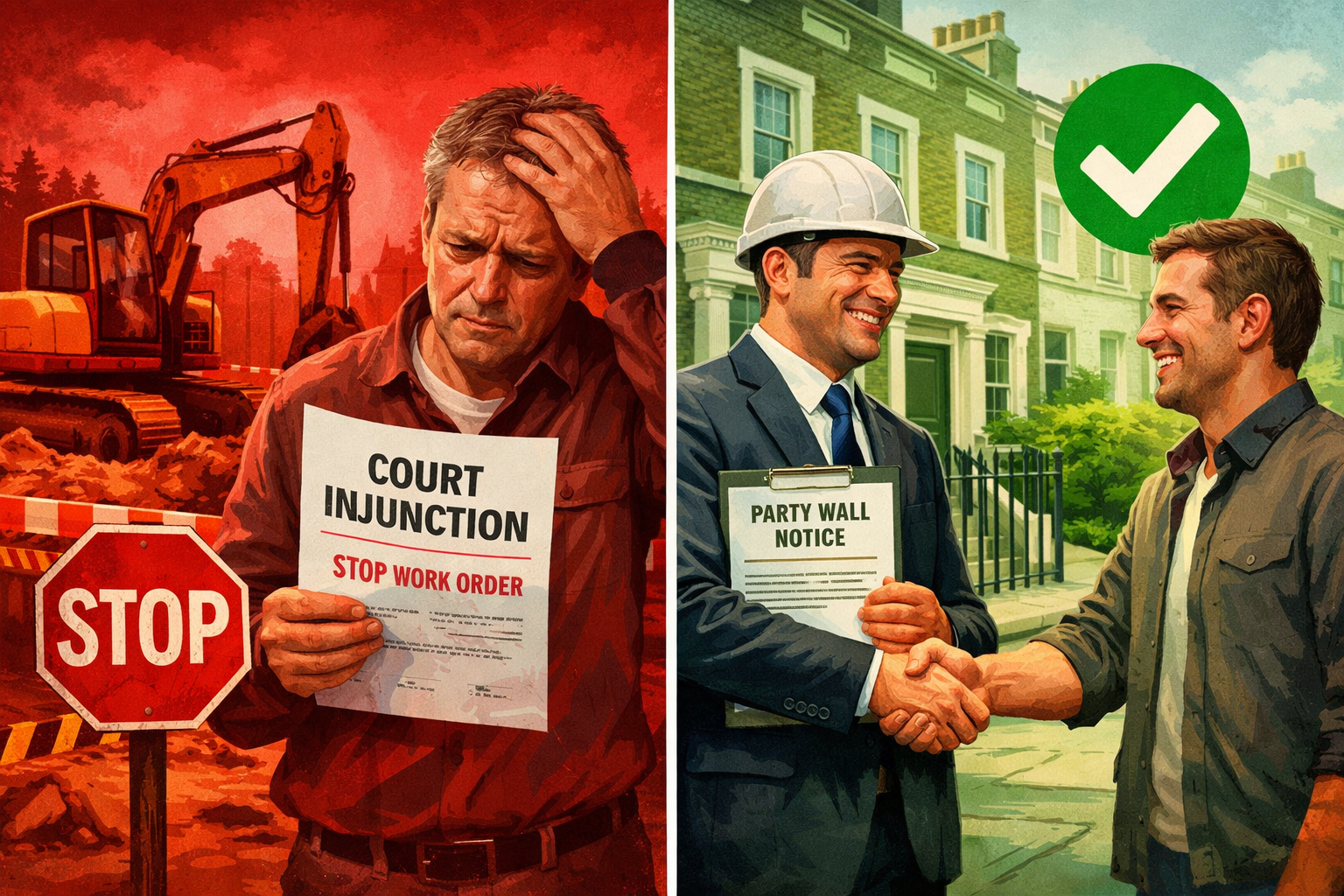 Split-screen editorial illustration showing left side: a frustrated property owner receiving a court injunction document at