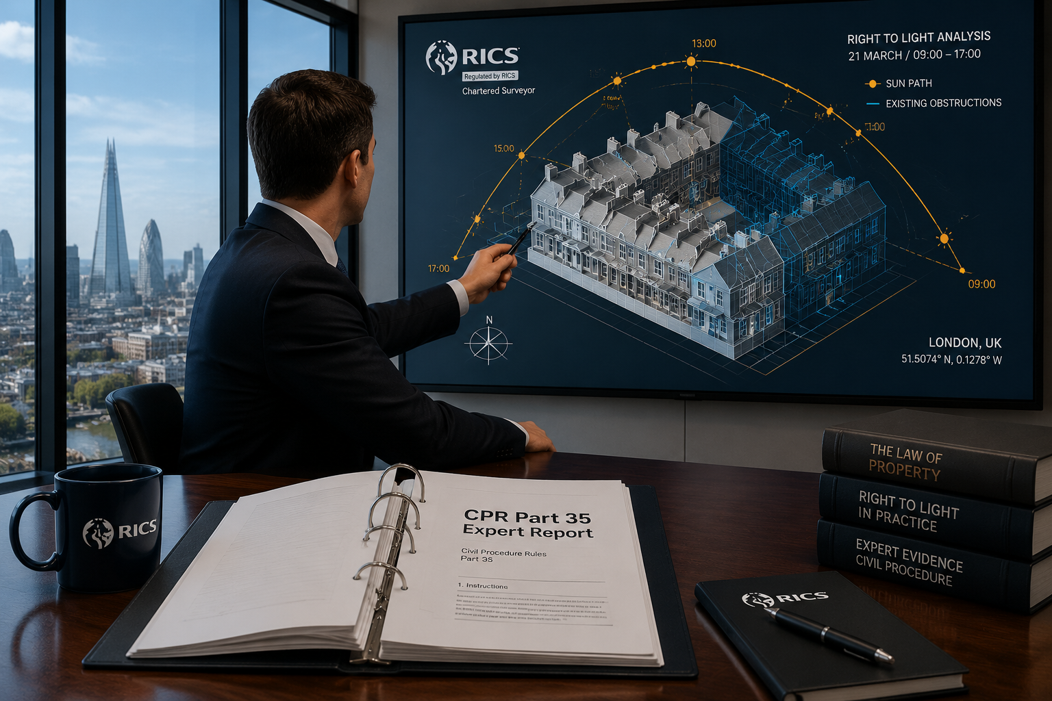 Detailed () editorial illustration showing a courtroom-adjacent professional setting: a RICS-accredited surveyor in a dark