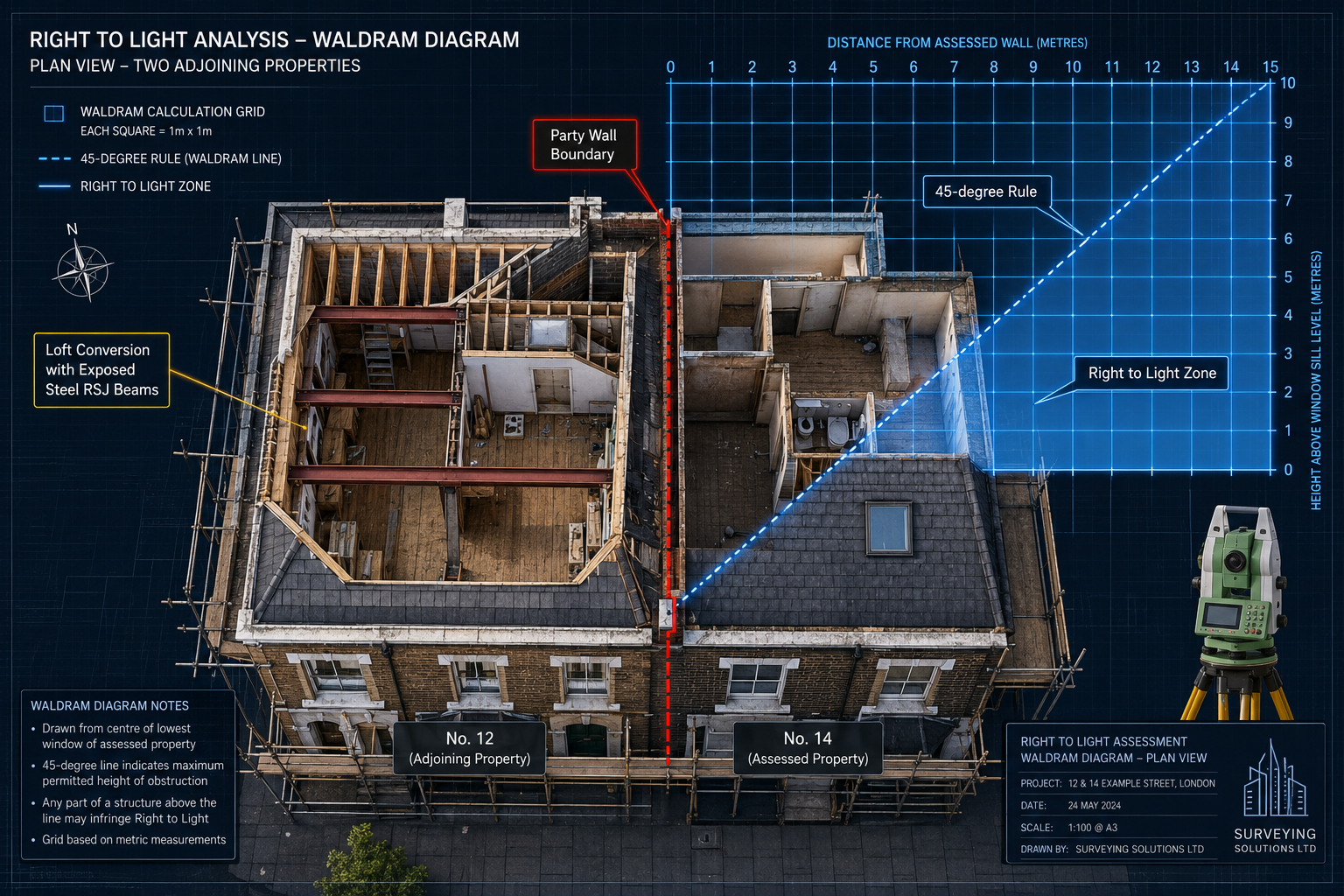 () bird's-eye technical infographic-style image showing a detailed architectural plan view of two adjoining London