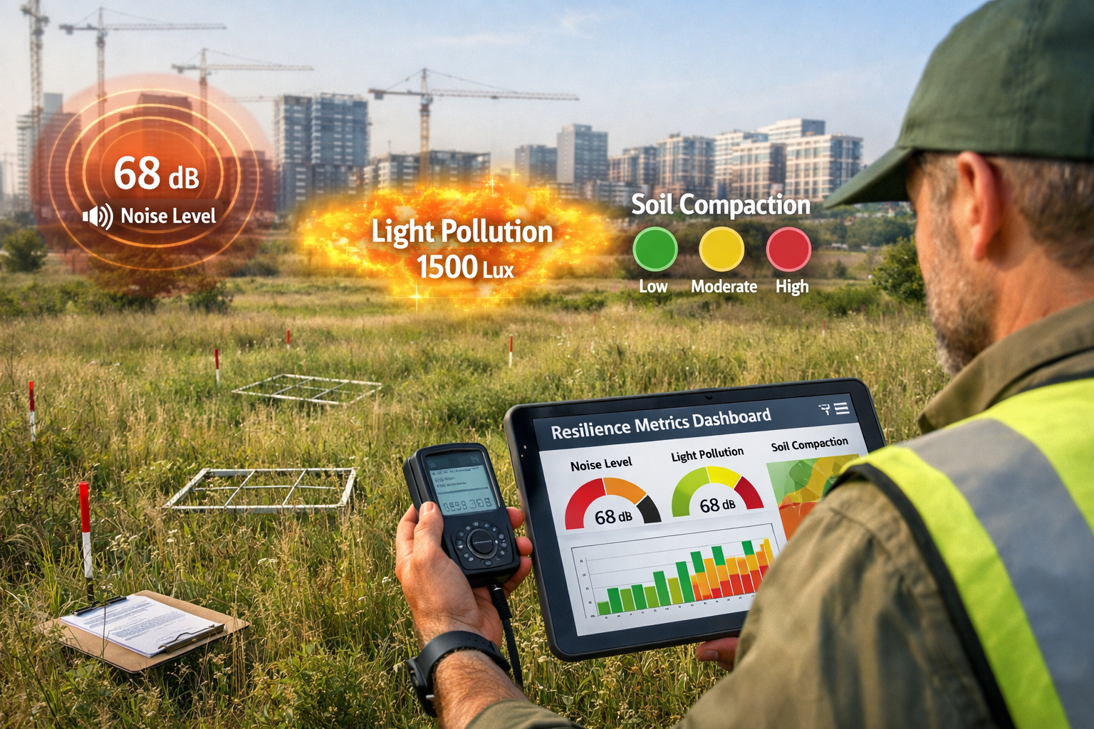 () detailed illustration showing ecology surveyor using handheld GPS and digital tablet displaying resilience metrics
