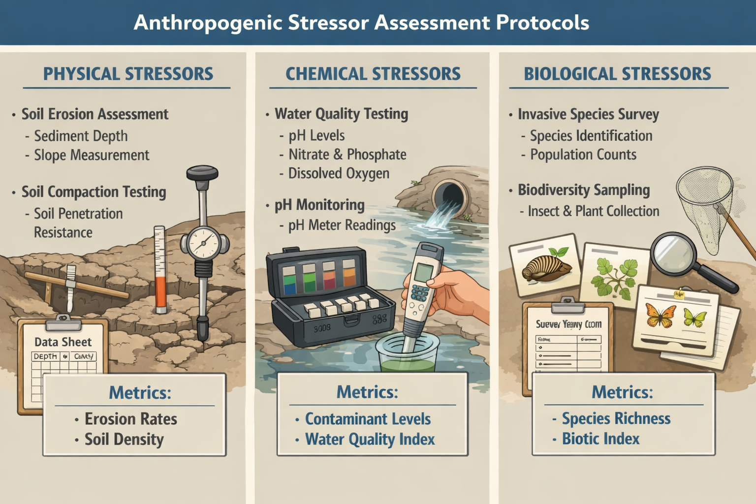 () technical infographic display showing three-panel comparison of anthropogenic stressor assessment protocols: left panel