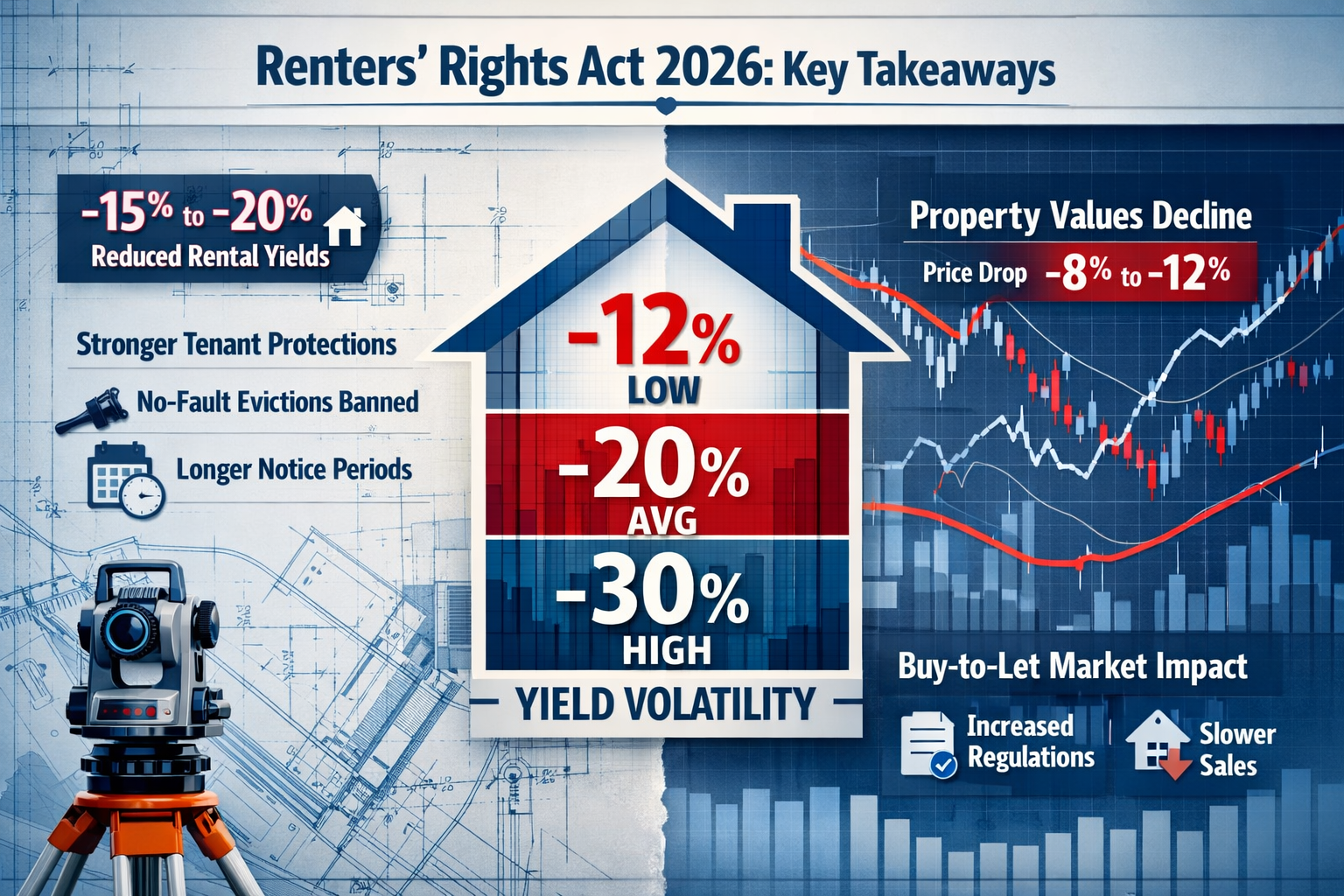 Key takeaways infographic visualizing Renters' Rights Act 2026's impact, featuring a split-screen design with professional
