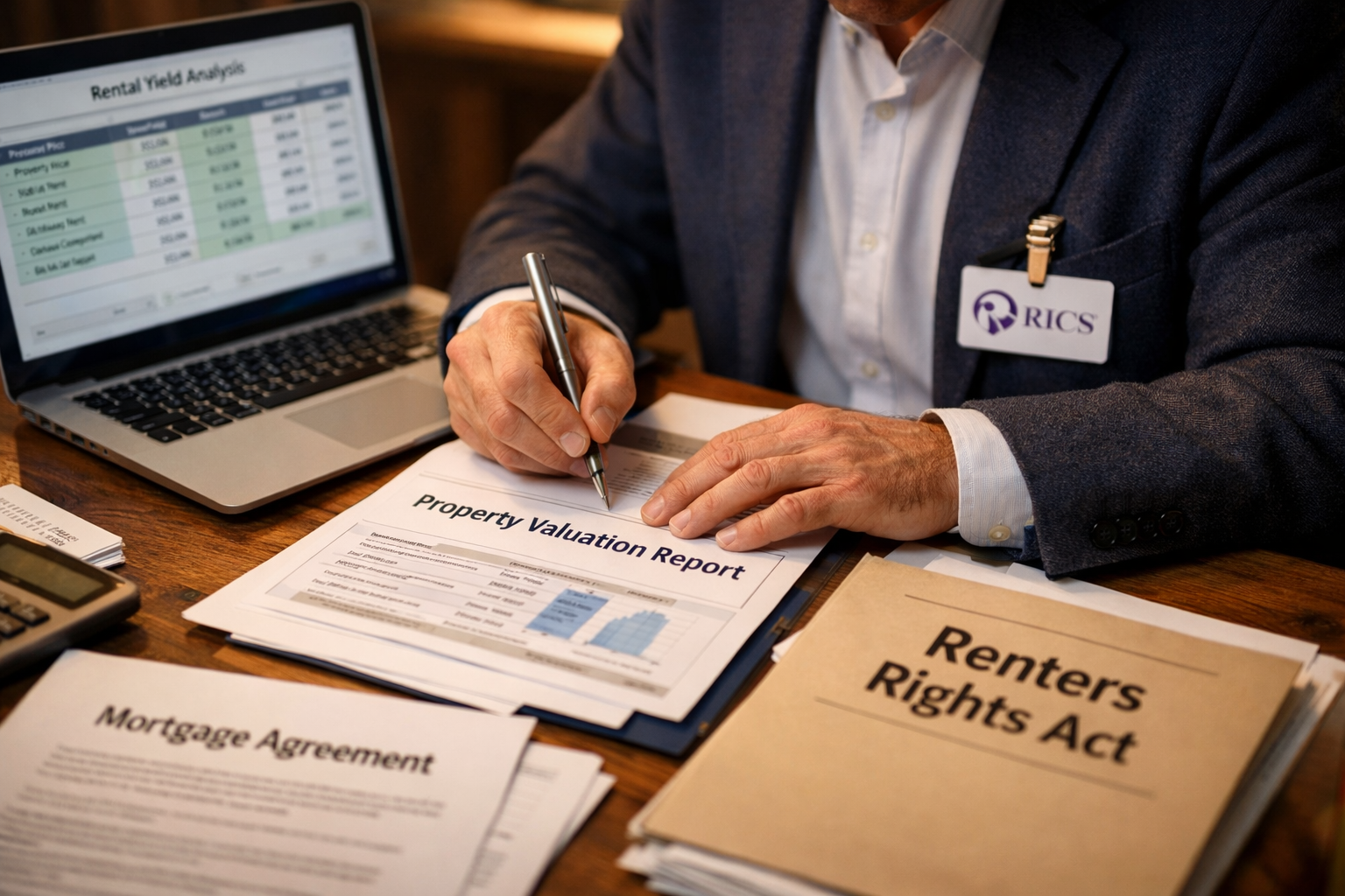 Close-up of a RICS-certified surveyor at a desk examining property valuation reports and mortgage documents, laptop showing