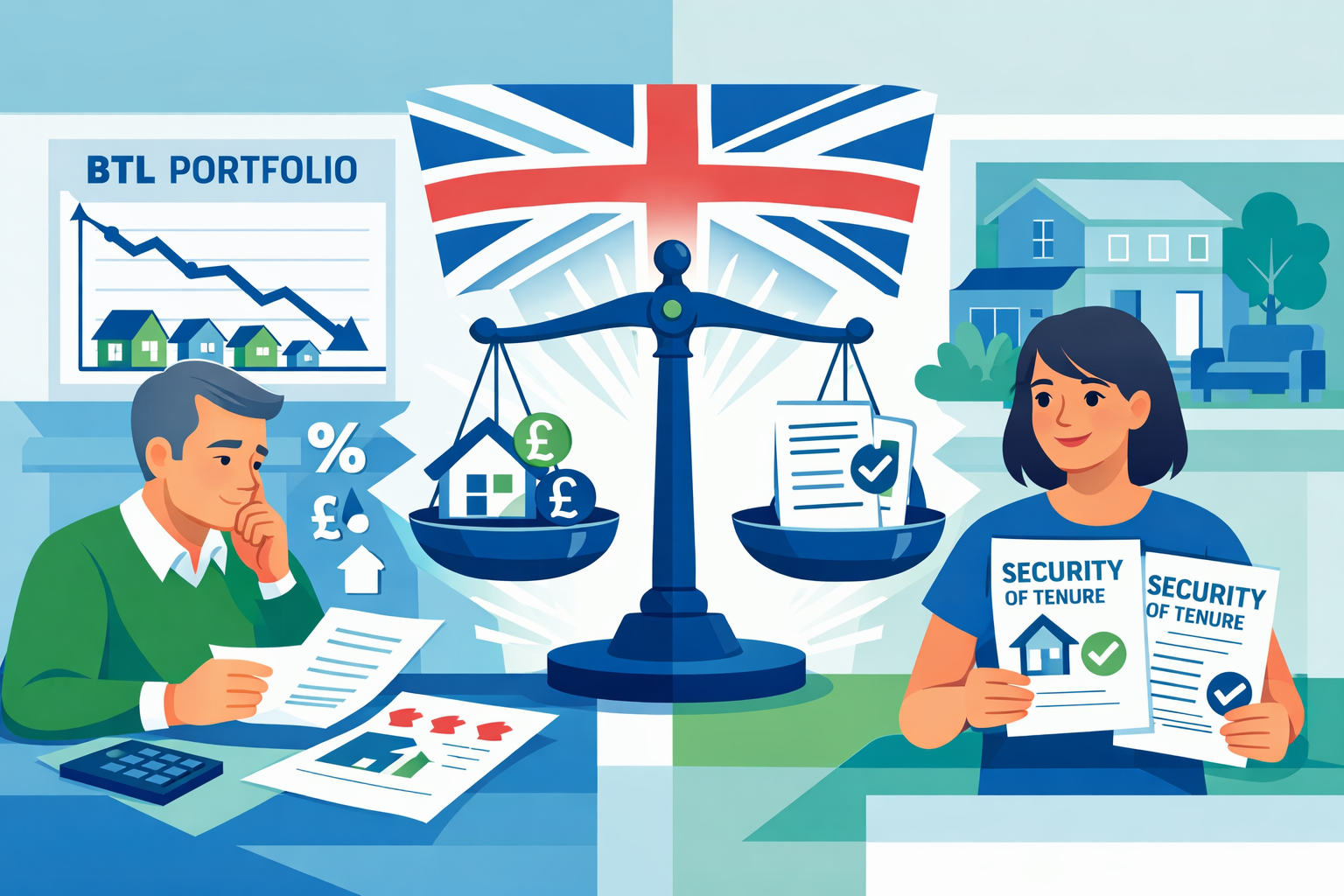 Split-scene illustration showing a landlord on one side reviewing declining BTL portfolio charts and a tenant on the other