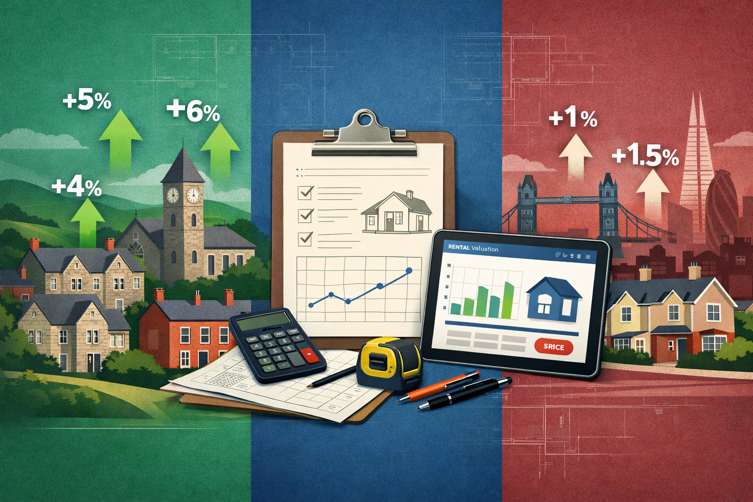 Landscape format (1536x1024) detailed infographic-style image showing a split-screen comparison of UK regional rental markets, left side dis