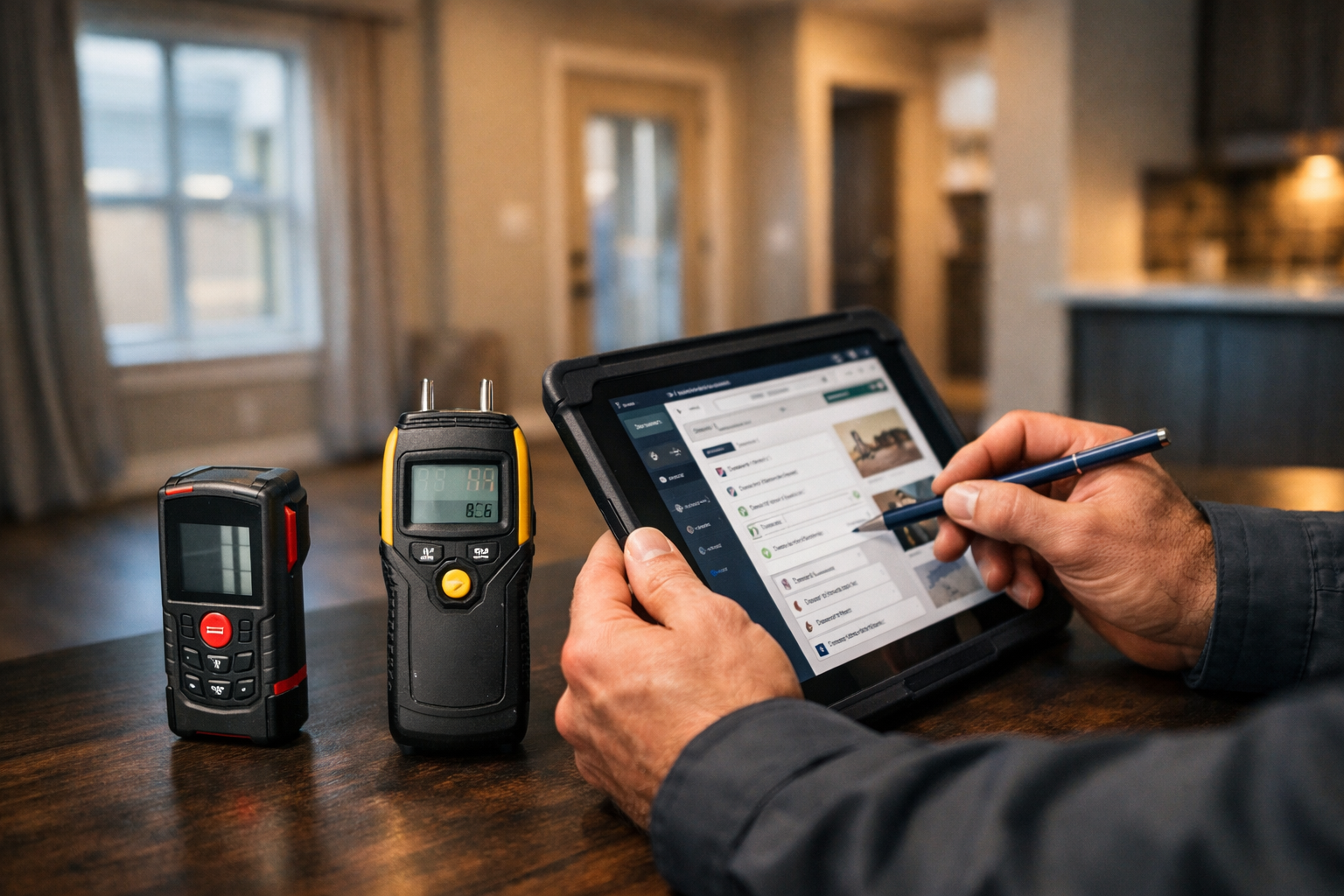 Landscape format (1536x1024) professional composition showing close-up of surveyor's hands using professional measurement tools and digital 