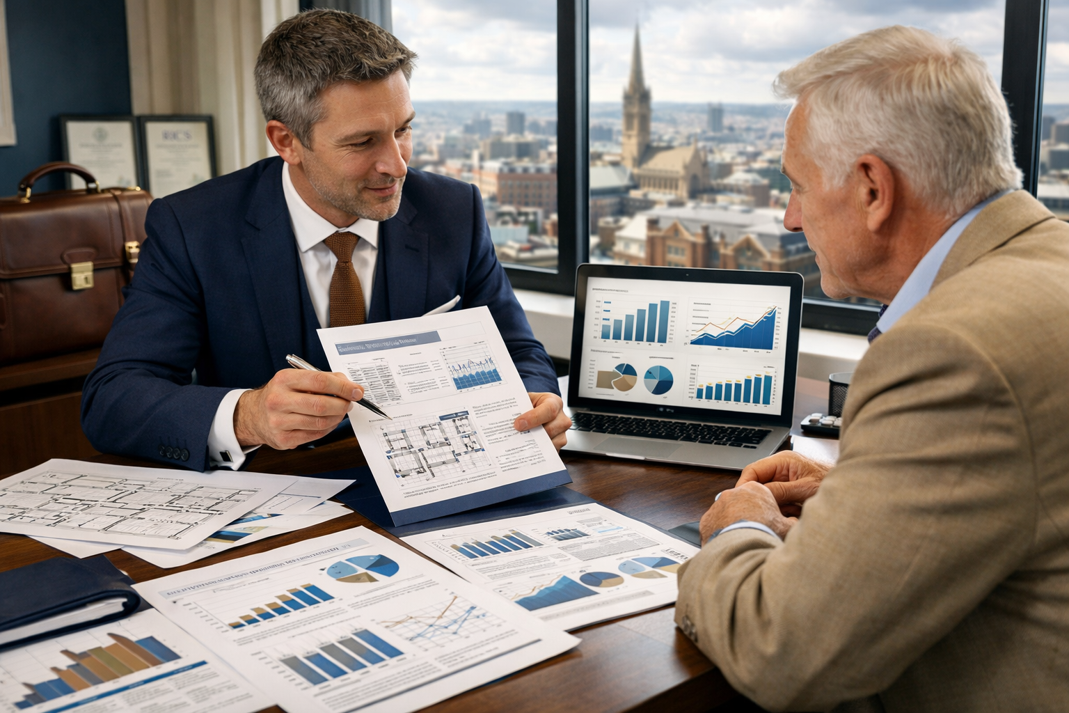 Landscape format (1536x1024) sophisticated business scene showing a professional meeting between property surveyor and landlord client revie