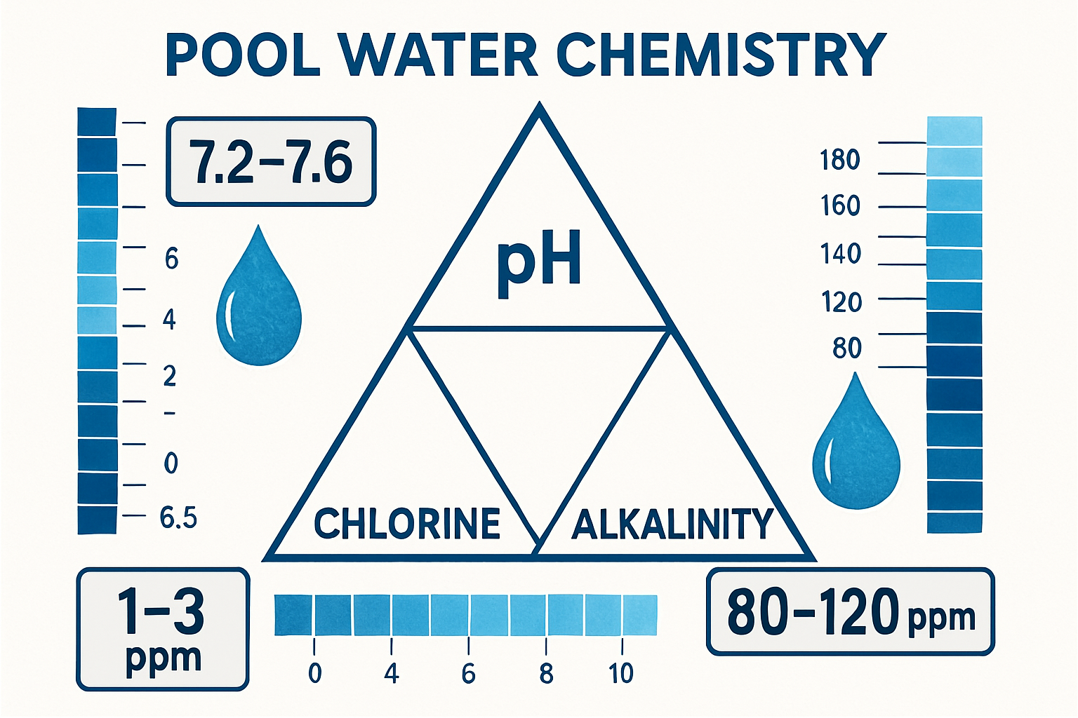 Detailed infographic showing pool water chemistry balance triangle with pH, chlorine, and alkalinity levels clearly labeled. Digital display