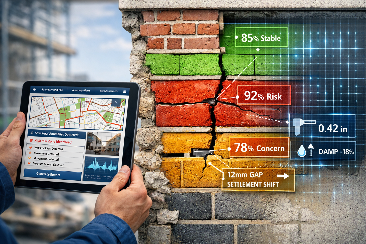 Detailed () image showing close-up view of AI-powered boundary classification system in action. Central focus on detailed