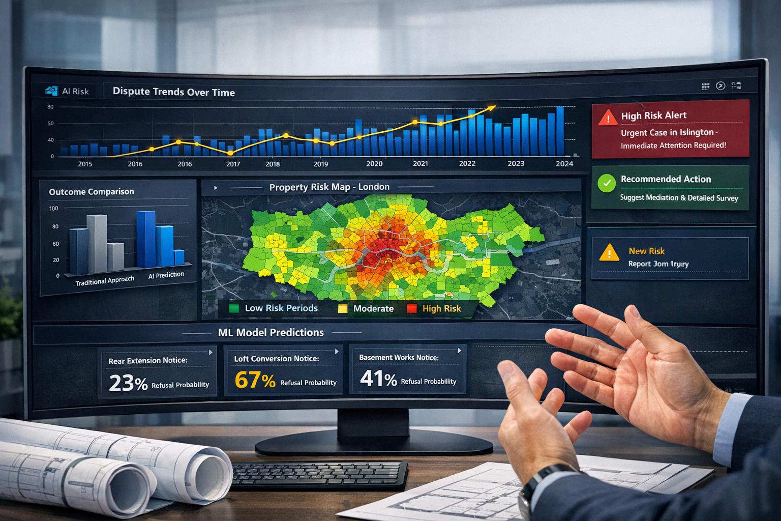 Detailed () image depicting predictive analytics dashboard for party wall dispute forecasting. Main composition shows large
