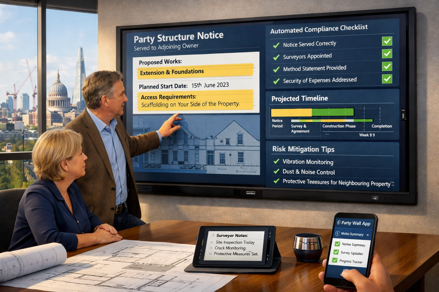 Detailed () image illustrating proactive party wall agreement process enabled by AI tools. Scene shows modern conference