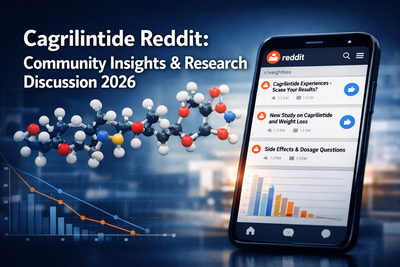 Professional landscape hero image (1536x1024) featuring bold text overlay 'Cagrilintide Reddit: Community Insights & Research Discussion 202