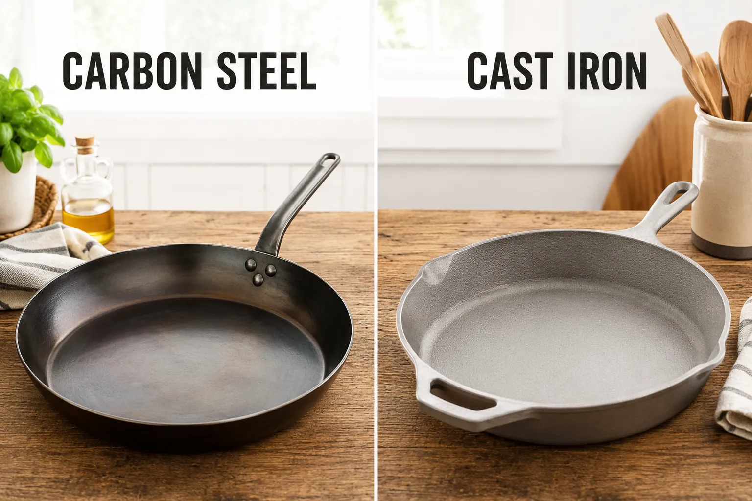 Editorial landscape format (1536x1024) split-screen comparison image: left half shows a dark, matte carbon steel pan with a natural beeswax seasoning surface on a rustic wooden kitchen counter in warm daylight, labeled 'Carbon Steel' in 3 bold words; right half shows a pale grey cast iron skillet on the same counter, labeled 'Cast Iron' in bold. Bright natural window light, clean white kitchen background, Pinterest-worthy food photography composition, sharp product detail, warm neutral palette. 